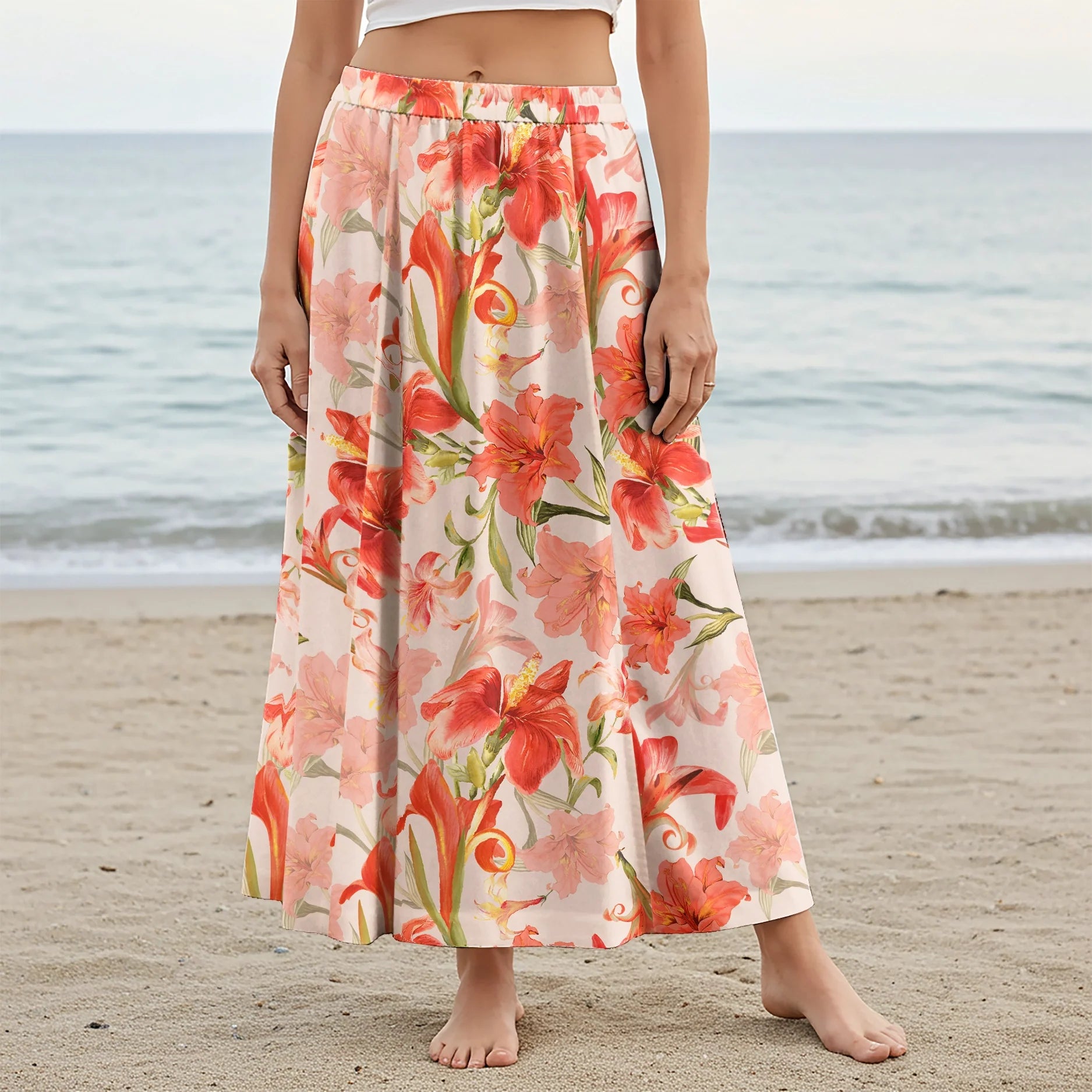 Women Casual Maxi Skirt Long Elastic Waist with Pockets 100% Cotton Orange Aloha Vibrant Blooms