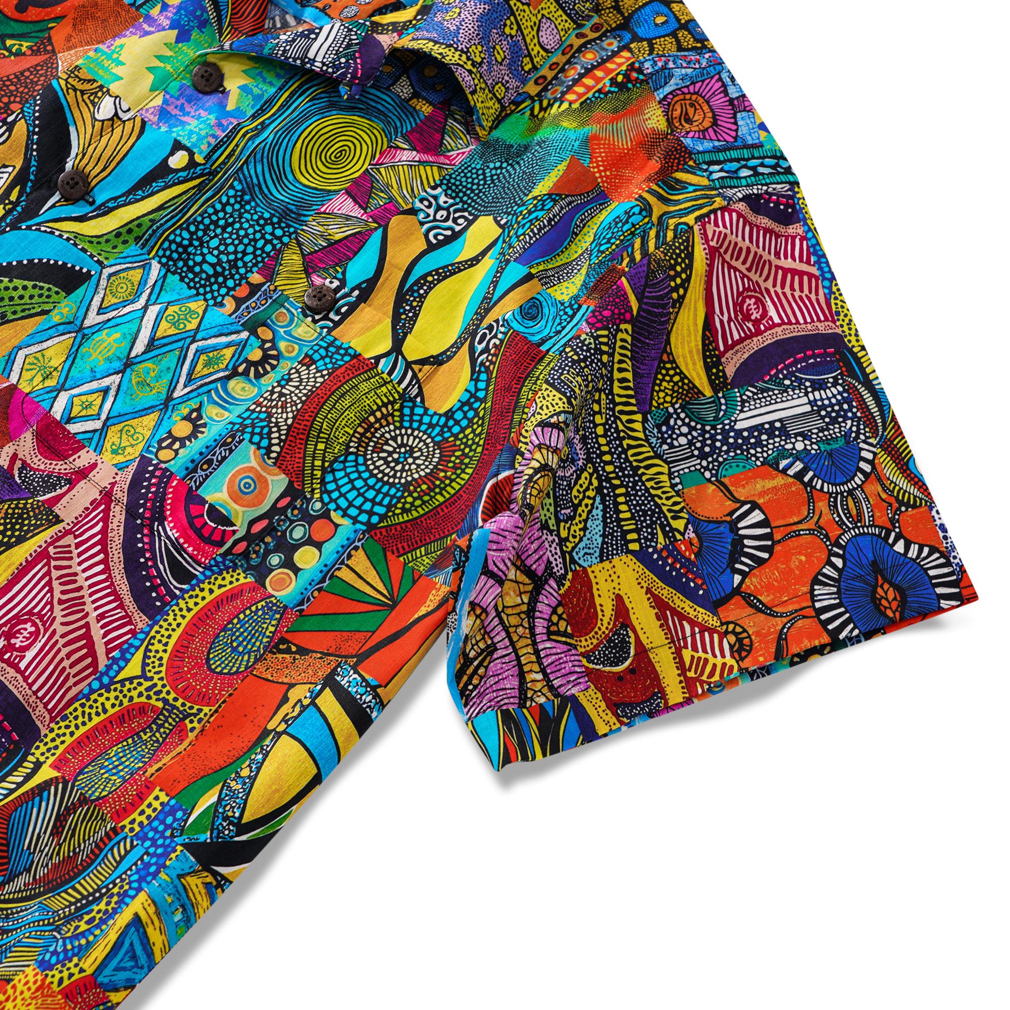 Men's Hawaiian Shirt Short Sleeve Camp Collar 100% Cotton Green Aloha African Print Art