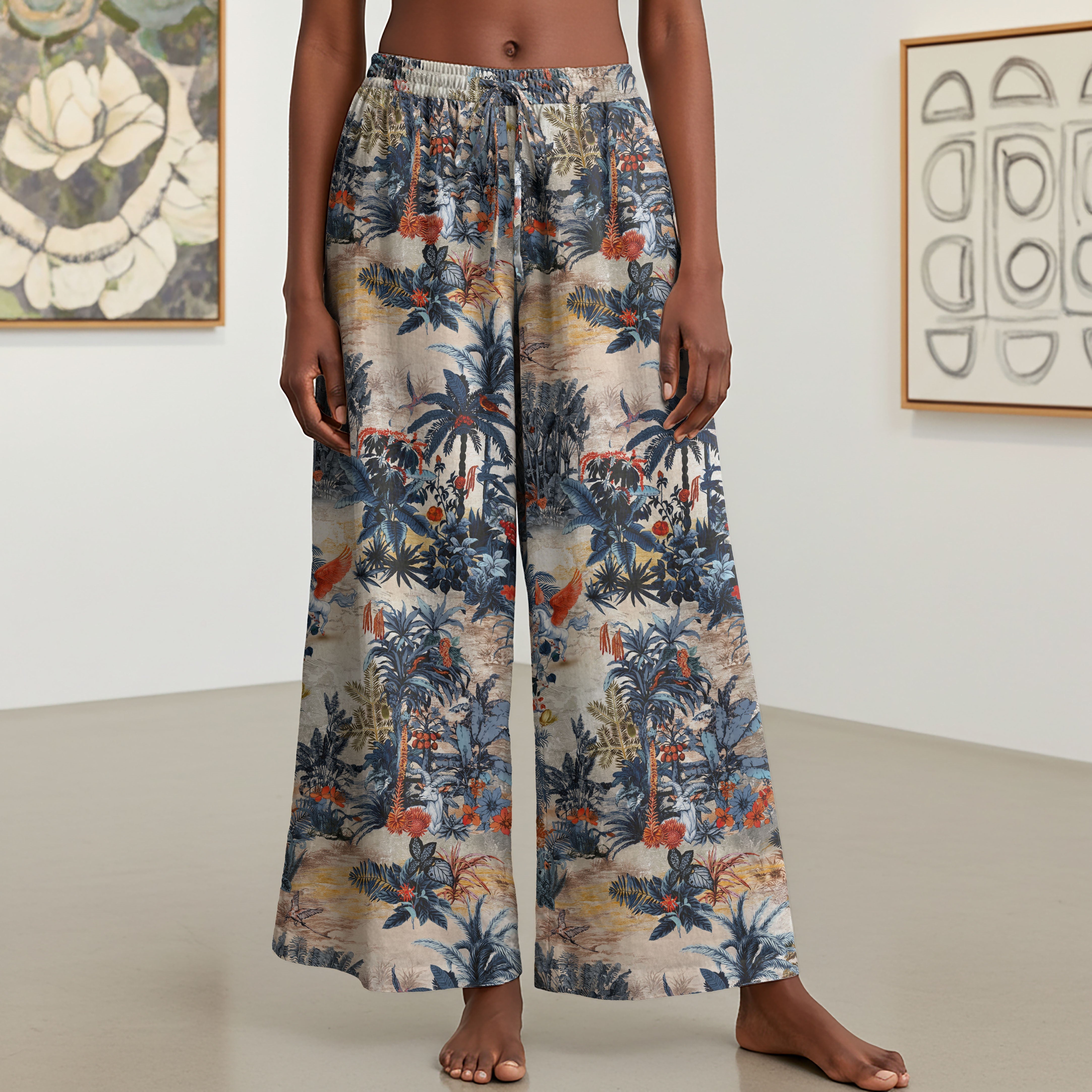 Women Casual Pants Lounge Elastic Waist Drawstring with Pockets 93% Tencel, 7% Linen Blue Aloha Enchanted Forest Realm