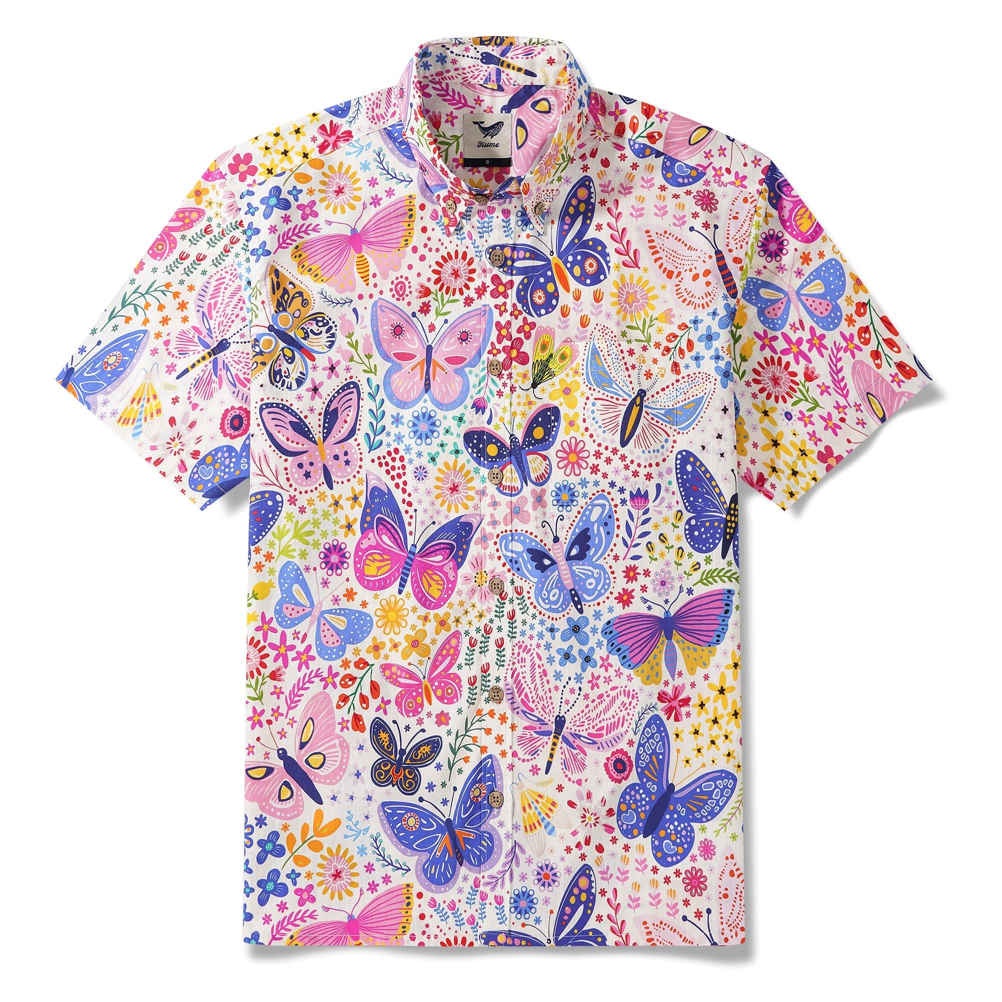 Men's Hawaiian Shirt Short Sleeve Button-down 100% Cotton Beige Aloha Butterfly Garden