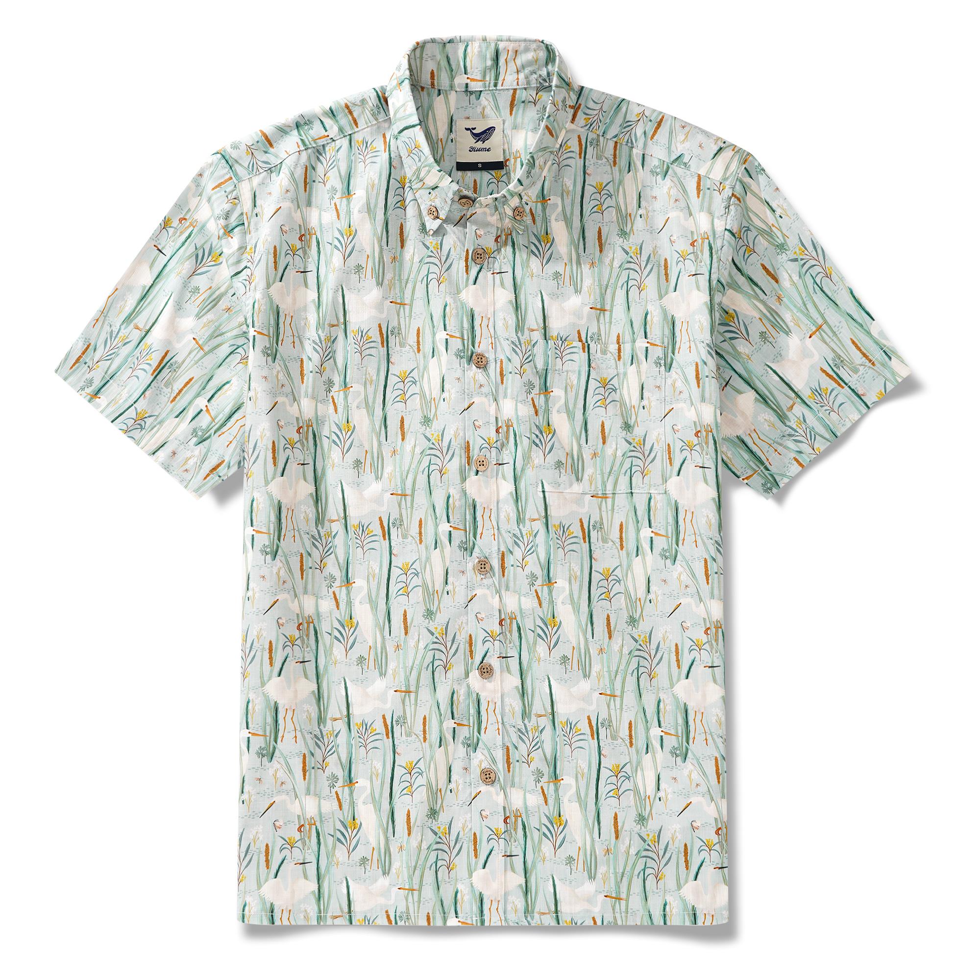 Men's Hawaiian Shirt Short Sleeve Button-down 100% Cotton Green Aloha Birds of the Billabong By Kristen