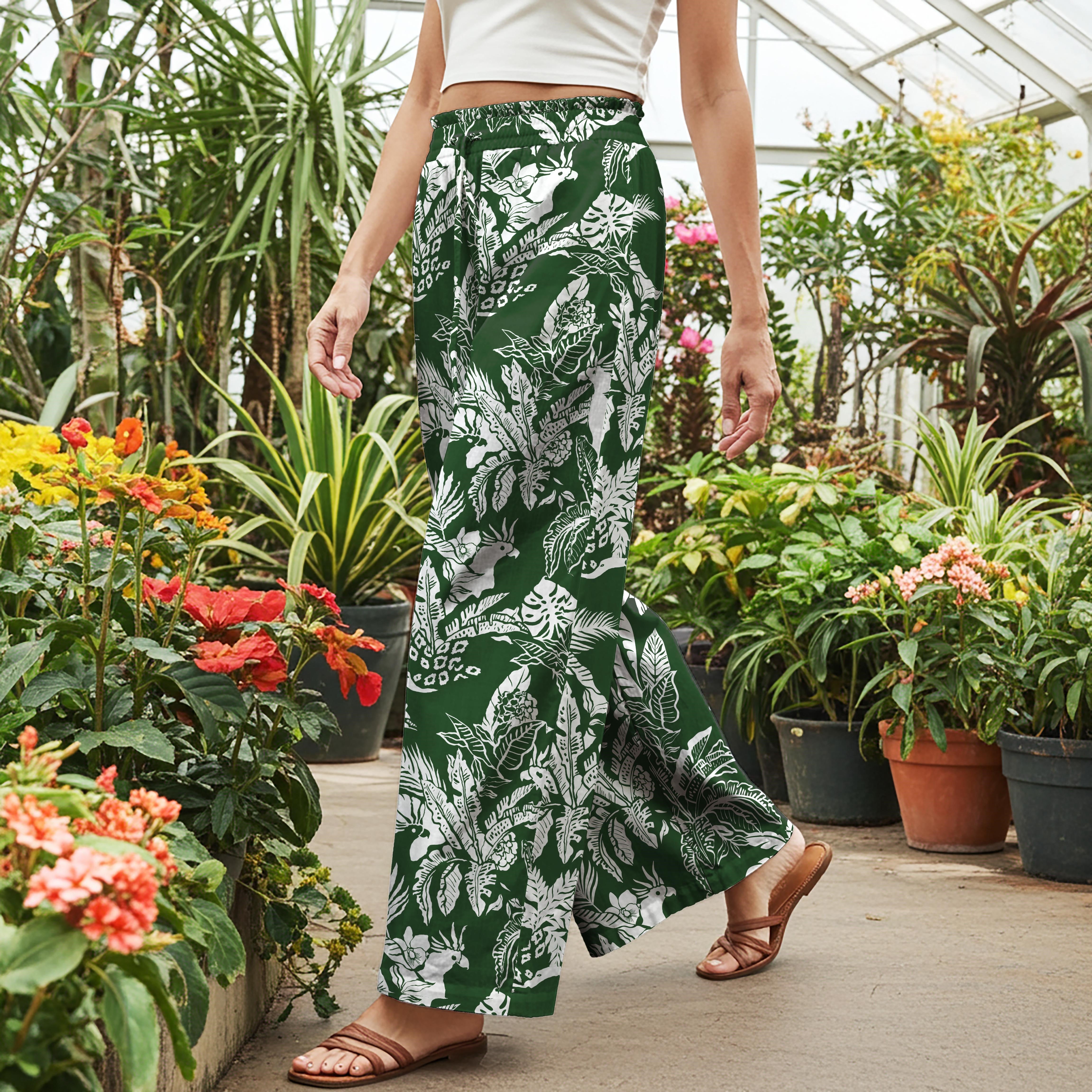 Women Casual Pants Lounge Elastic Waist Drawstring 100% Cotton Green Aloha Tropical Exotic Vibes