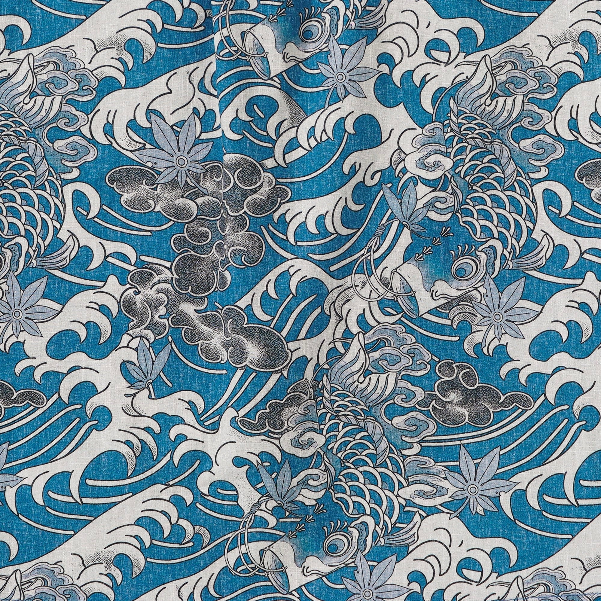 Women's Hawaiian Shirt Short Sleeve Button-up 100% Cotton Blue Aloha Dancing Koi Waves