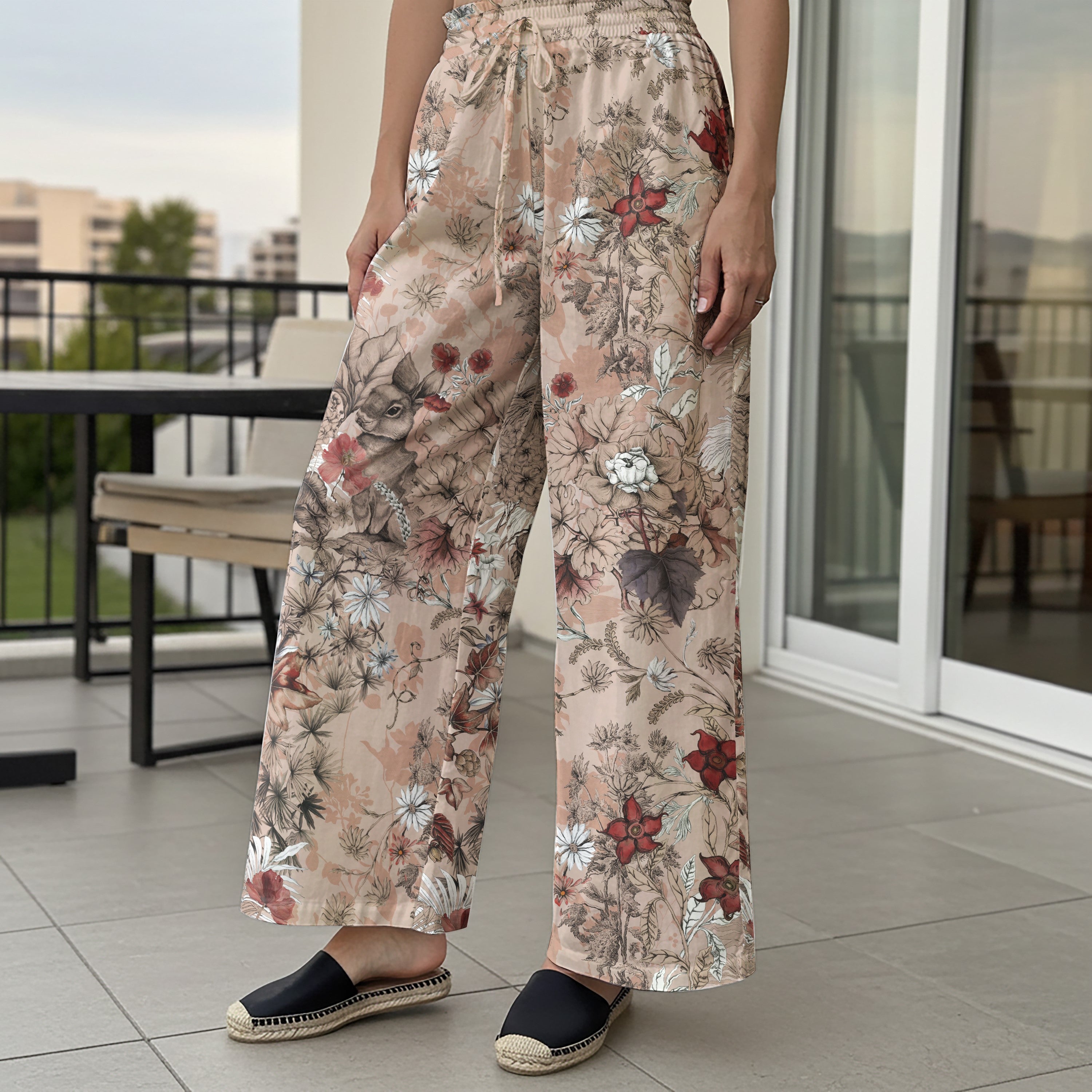 Women Casual Pants Lounge Elastic Waist Drawstring 100% Cotton Aloha Vintage Garden Bunny