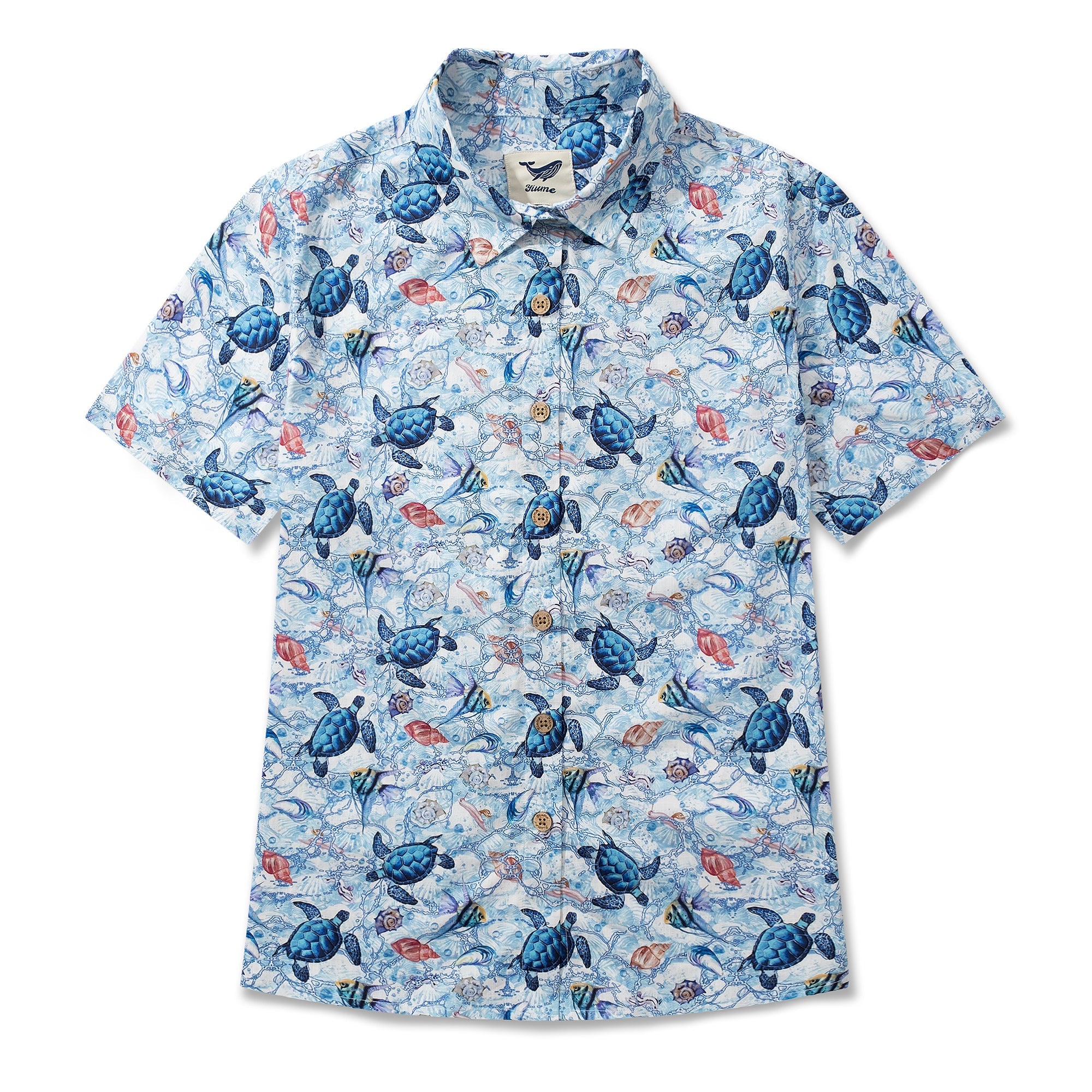 Women's Hawaiian Shirt Short Sleeve Button-up 100% Cotton Blue Aloha Wandering Turtle
