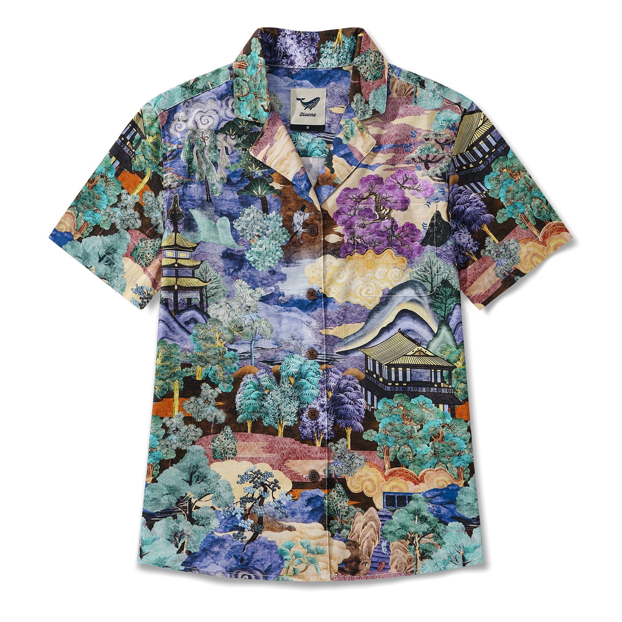 Women's Hawaiian Shirt Short Sleeve Camp Collar 100% Cotton Green Aloha Japanese-style Landscape