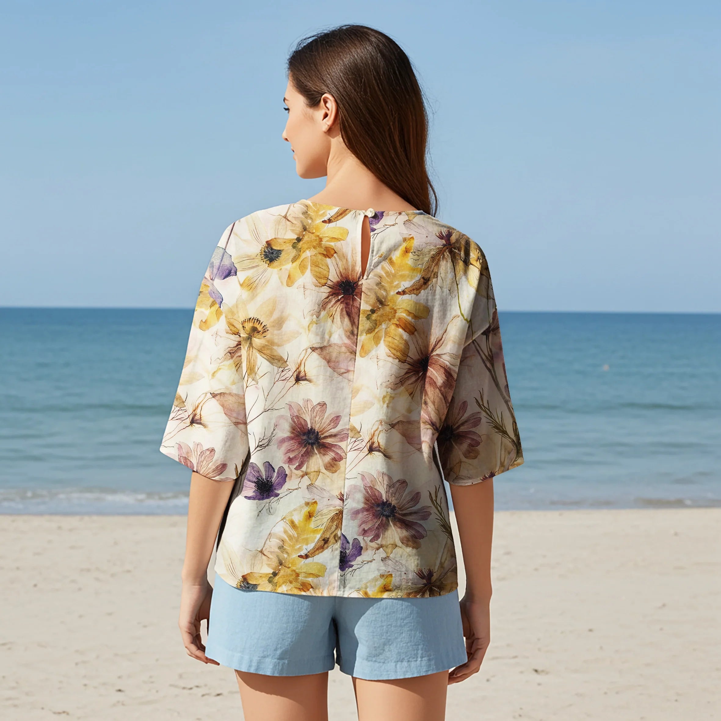 Women Casual Blouse Elbow Sleeve Round Neck Button-Back 95% Tencel, 5% Linen Yellow Aloha Sheer Floral Cluster