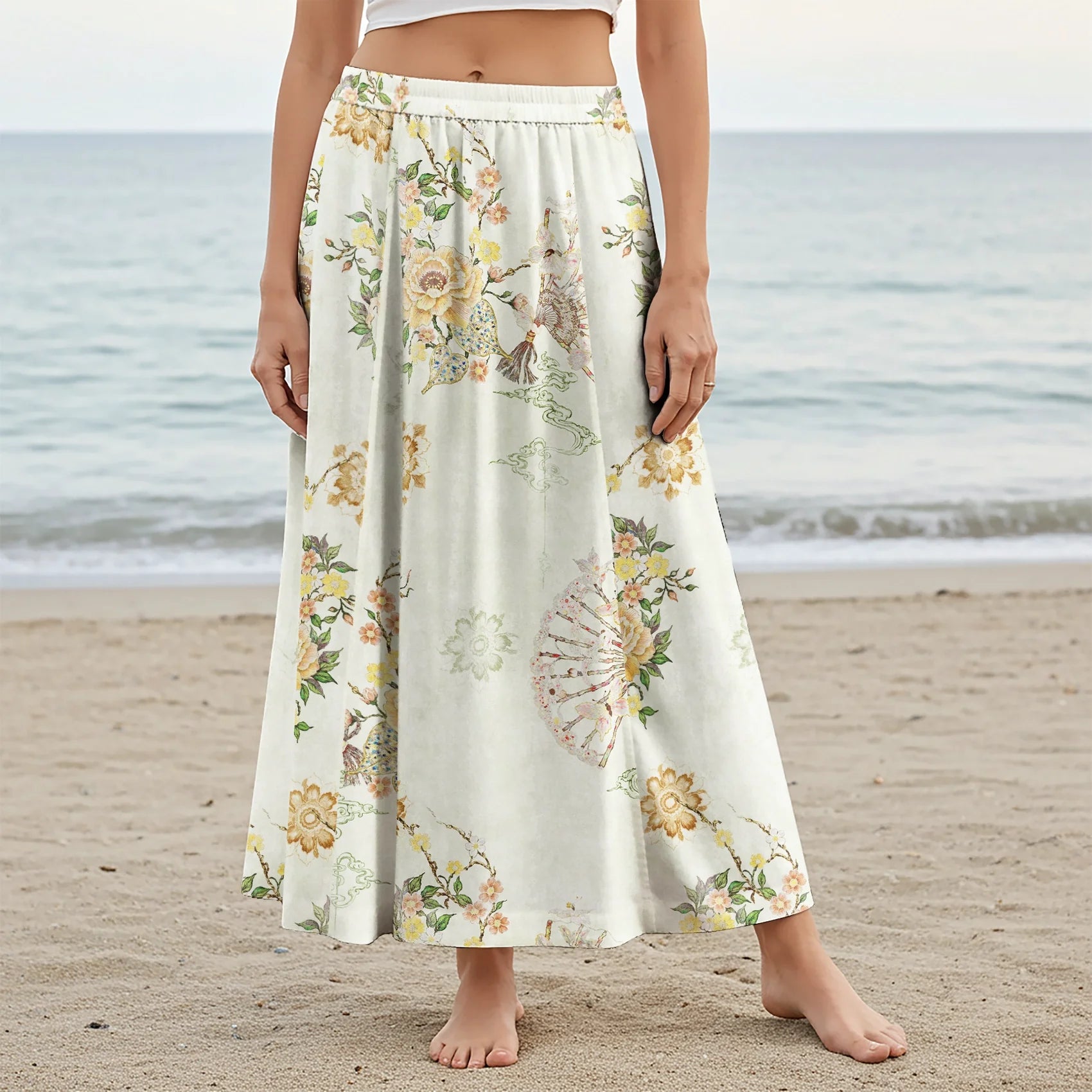 Women Casual Maxi Skirt Long Elastic Waist with Pockets 100% Cotton Yellow Aloha Oriental Blossom Fan