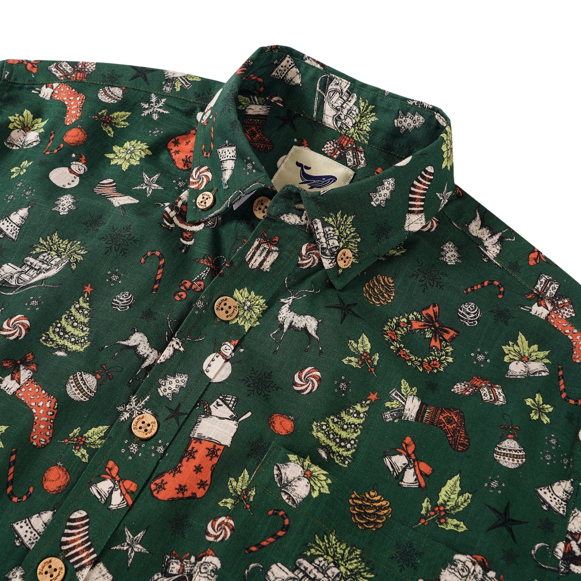 Men's Hawaiian Shirt Long Sleeve Button-down 100% Cotton Aloha Classic Christmas