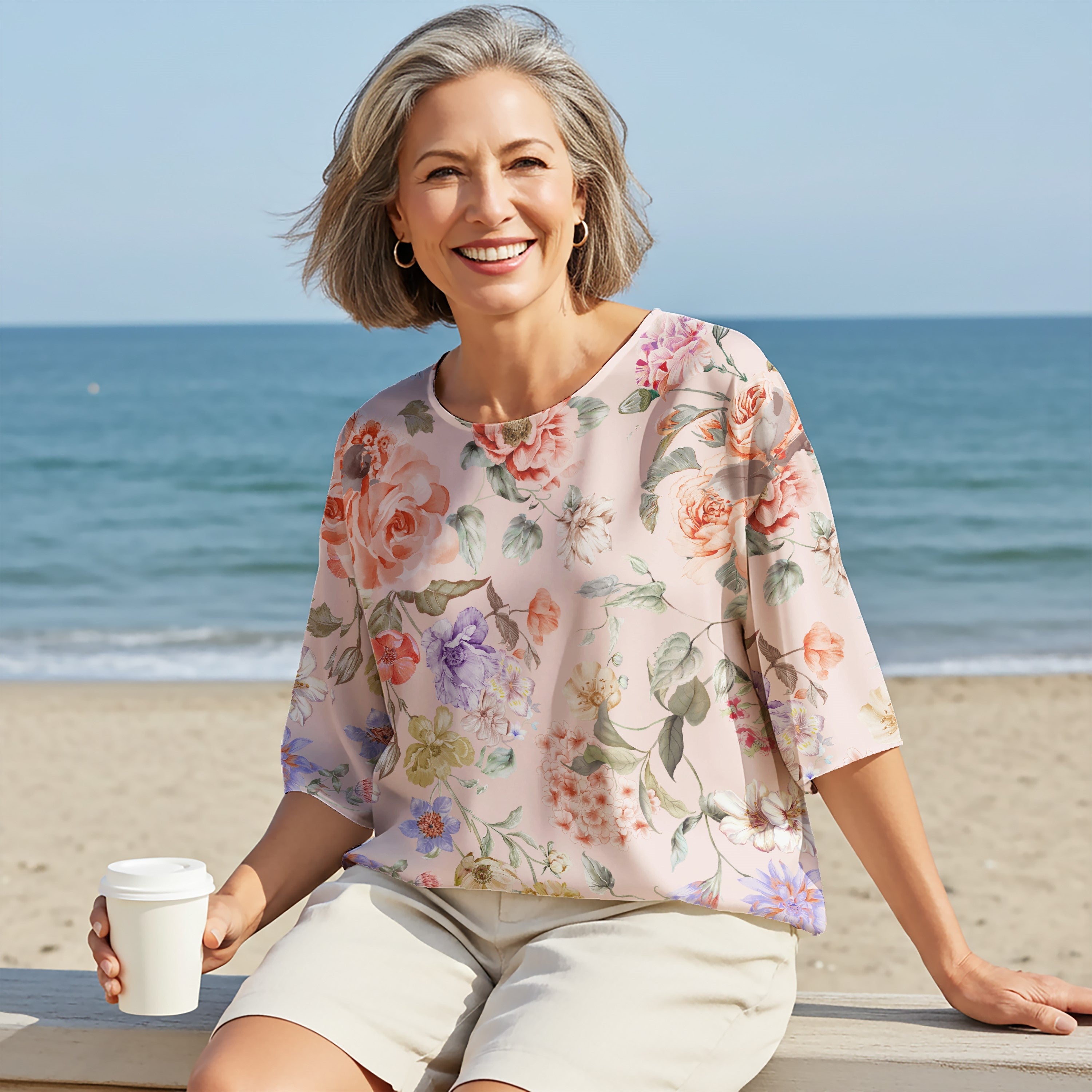 Women Casual Blouse Elbow Sleeve Round Neck Button-Back 100% Tencel Aloha Charm Of Soft Flowers