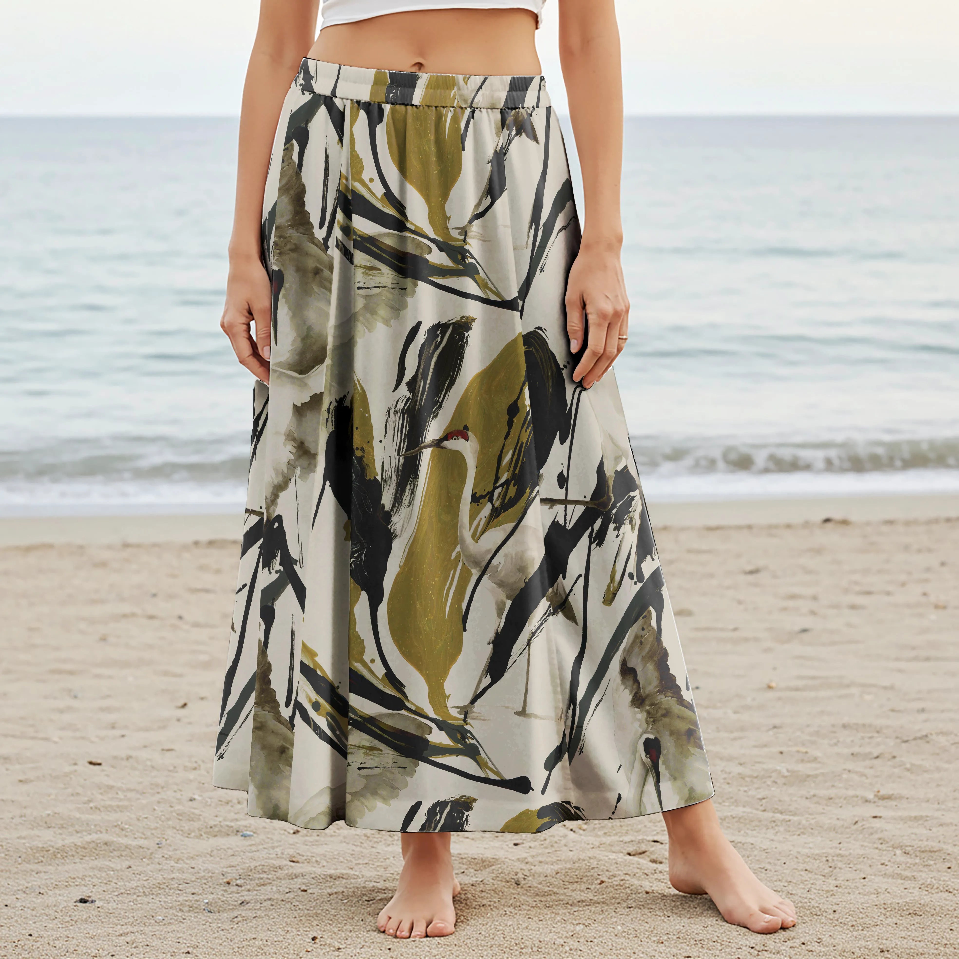 Women Casual Maxi Skirt Long Elastic Waist with Pockets 100% Cotton Gray Aloha Harmony Of The Crane And The Brush