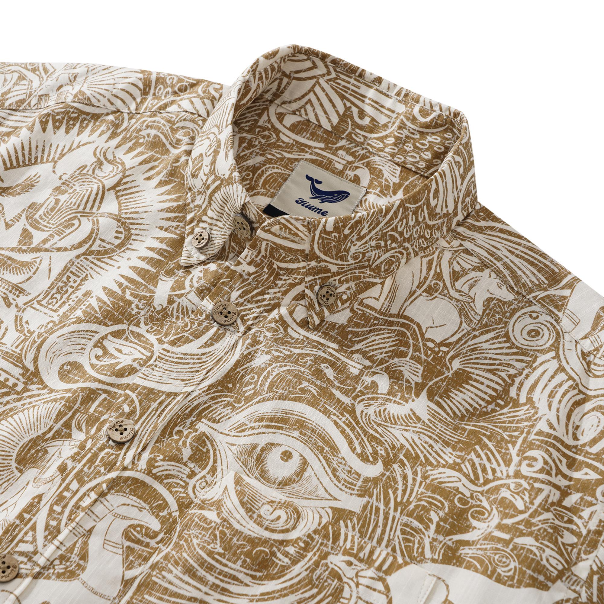 Men's Hawaiian Shirt Short Sleeve Button-down 100% Cotton Brown Aloha Ancient Egyptian Mythology
