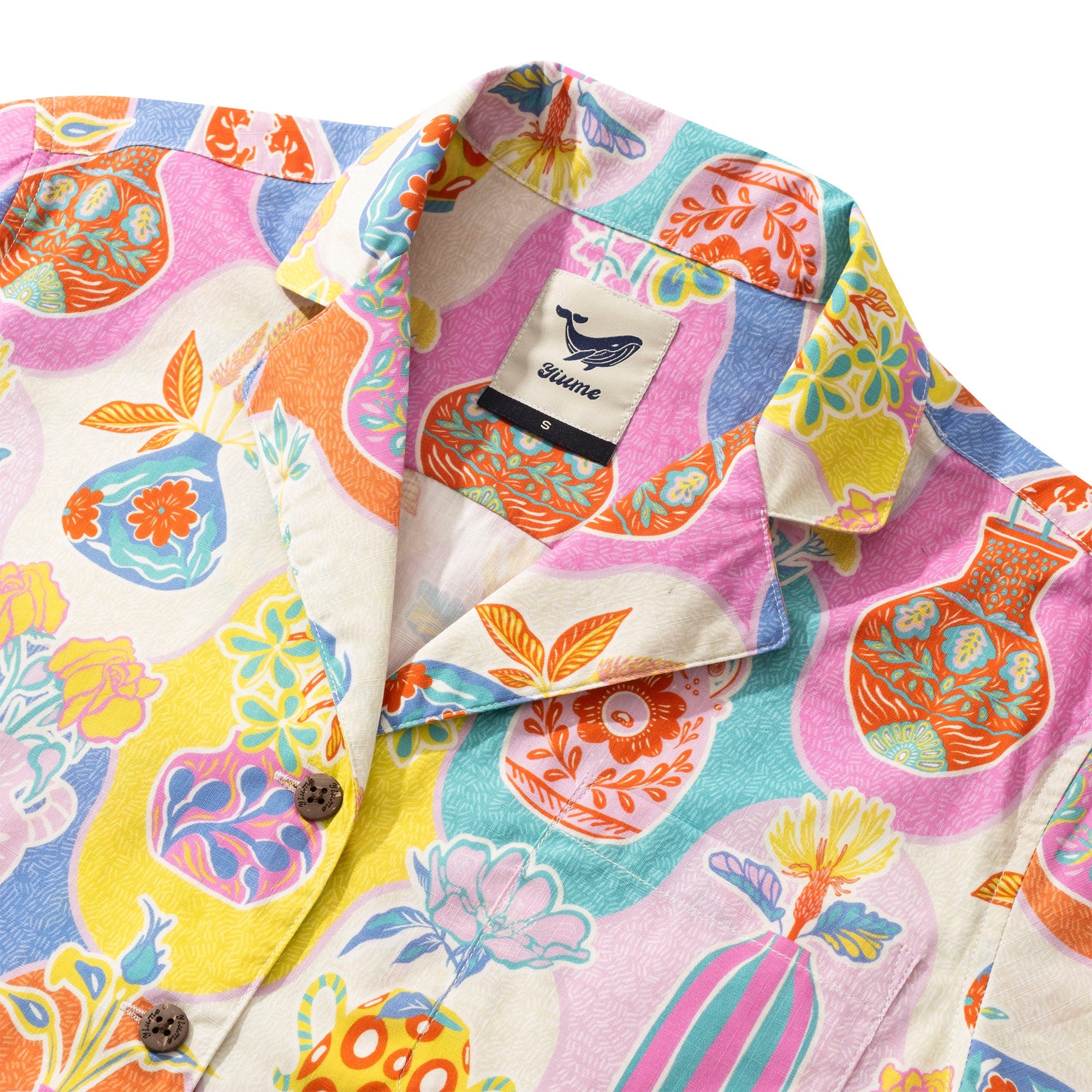 Women's Hawaiian Shirt Short Sleeve Camp Collar 100% Cotton Orange Aloha Colorful Kitschy Vases By Mona Ahmed