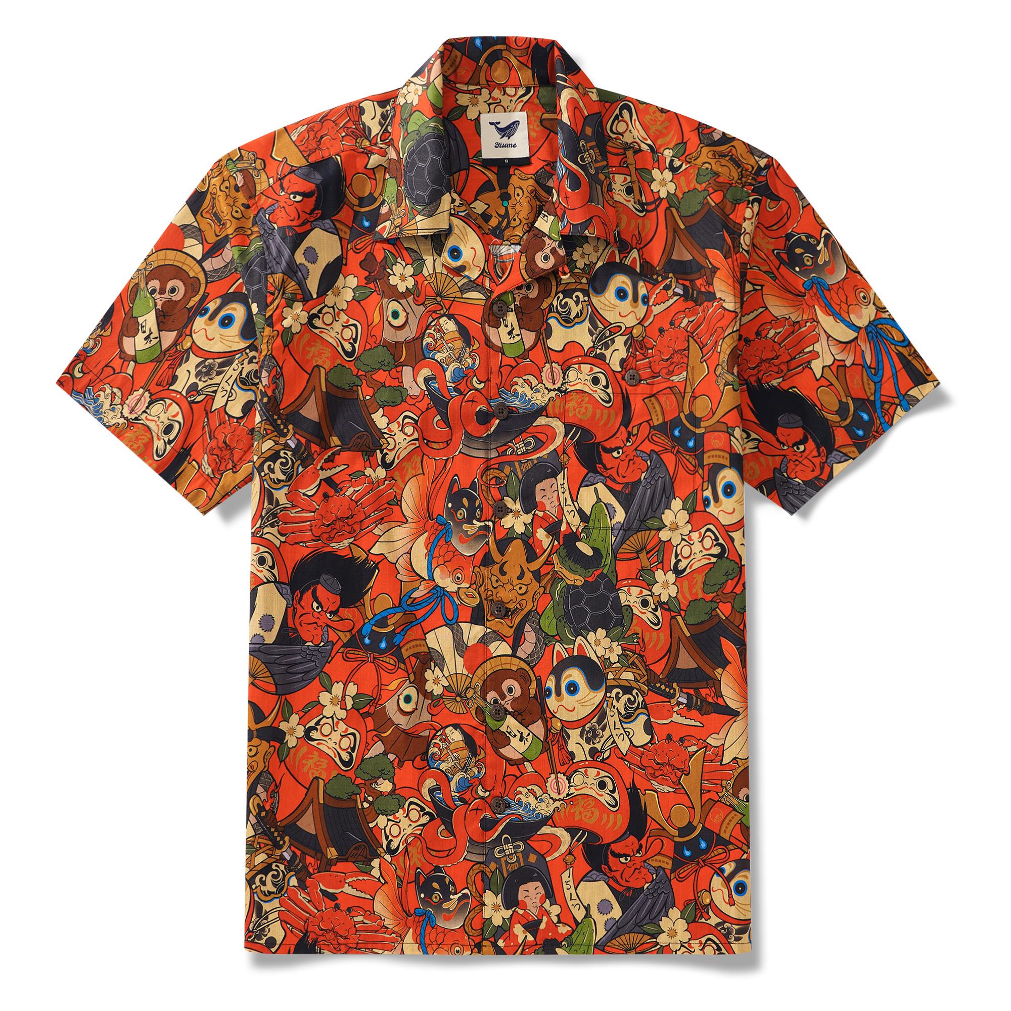 Men's Hawaiian Shirt Short Sleeve Camp Collar 100% Cotton Red Aloha Good Fortune Spirits
