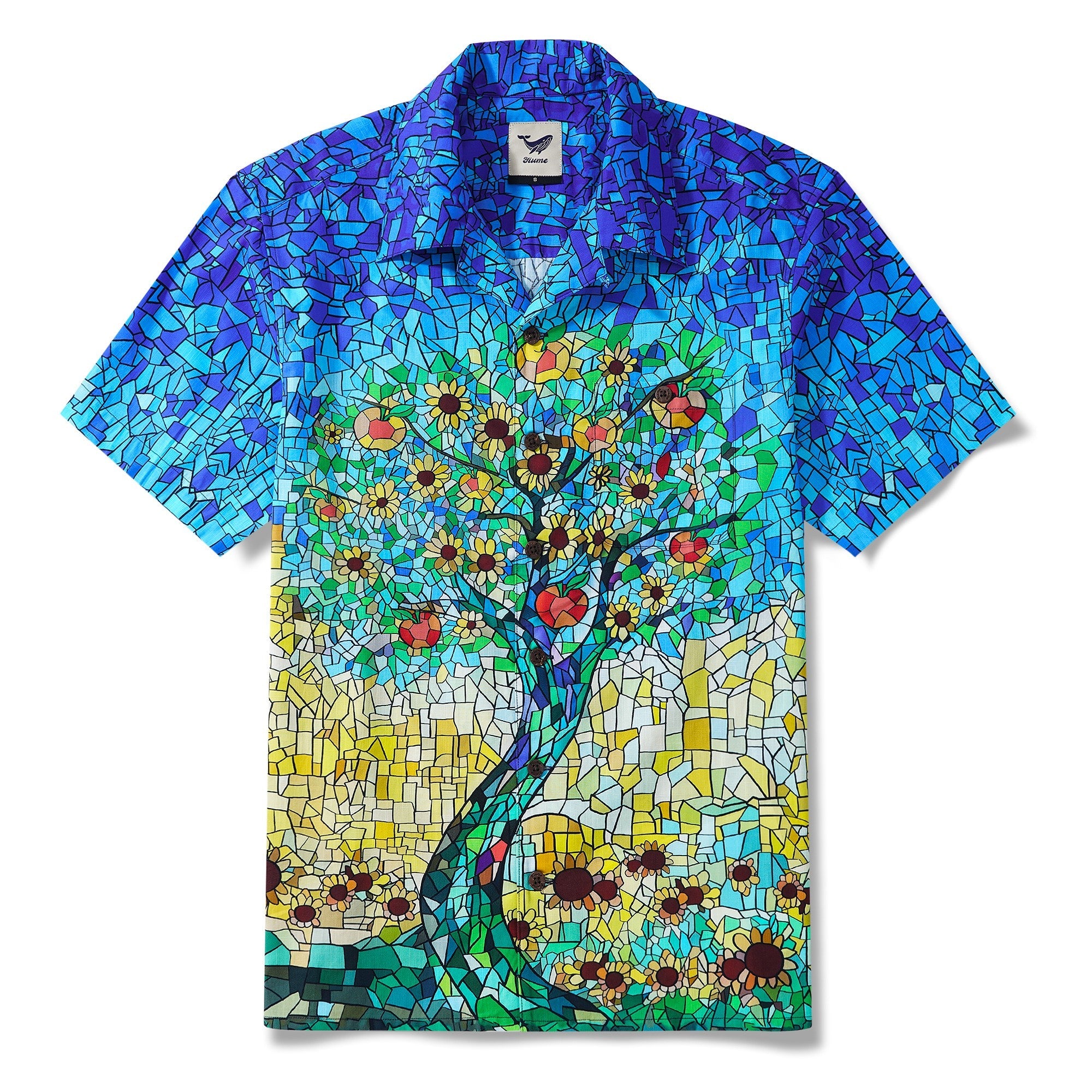 Men's Hawaiian Shirt Short Sleeve Camp Collar 100% Cotton Blue Aloha Sunlit Orchard's Glass Garden