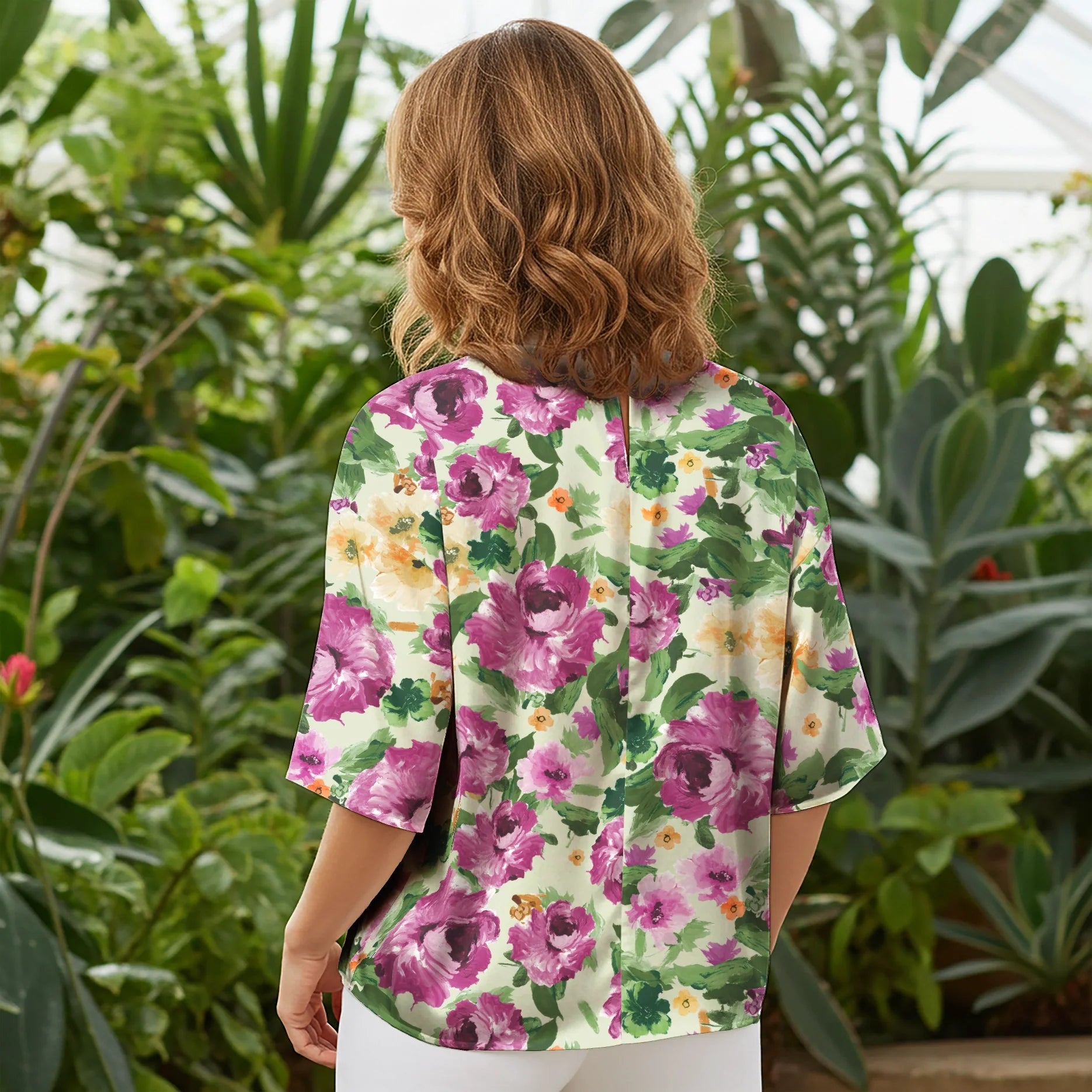 Women Casual Blouse Elbow Sleeve Round Neck Button-Back 100% Tencel Green Aloha Violet Garden
