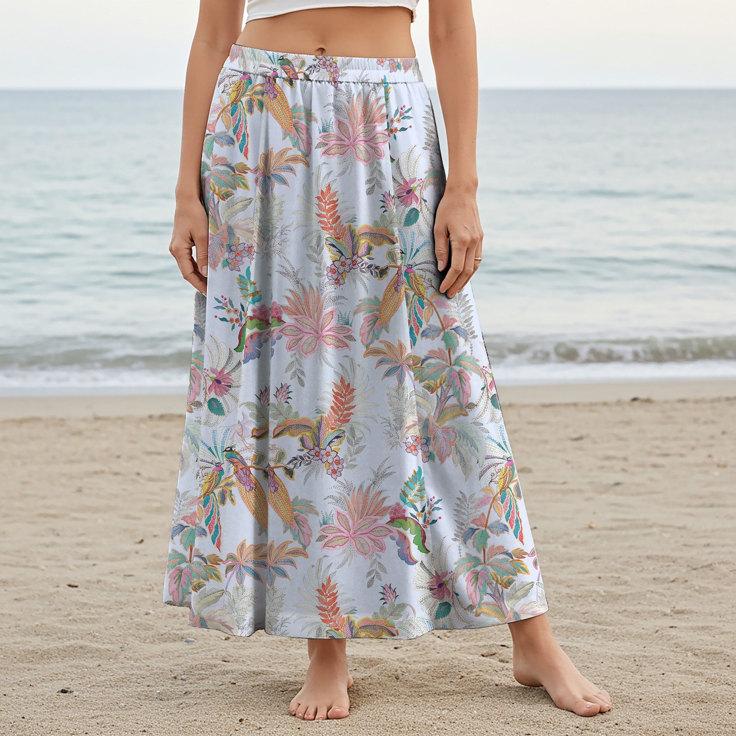 Women Casual Maxi Skirt Long Elastic Waist with Pockets 100% Cotton Blue Aloha Dreamy Floral Bird Illustration