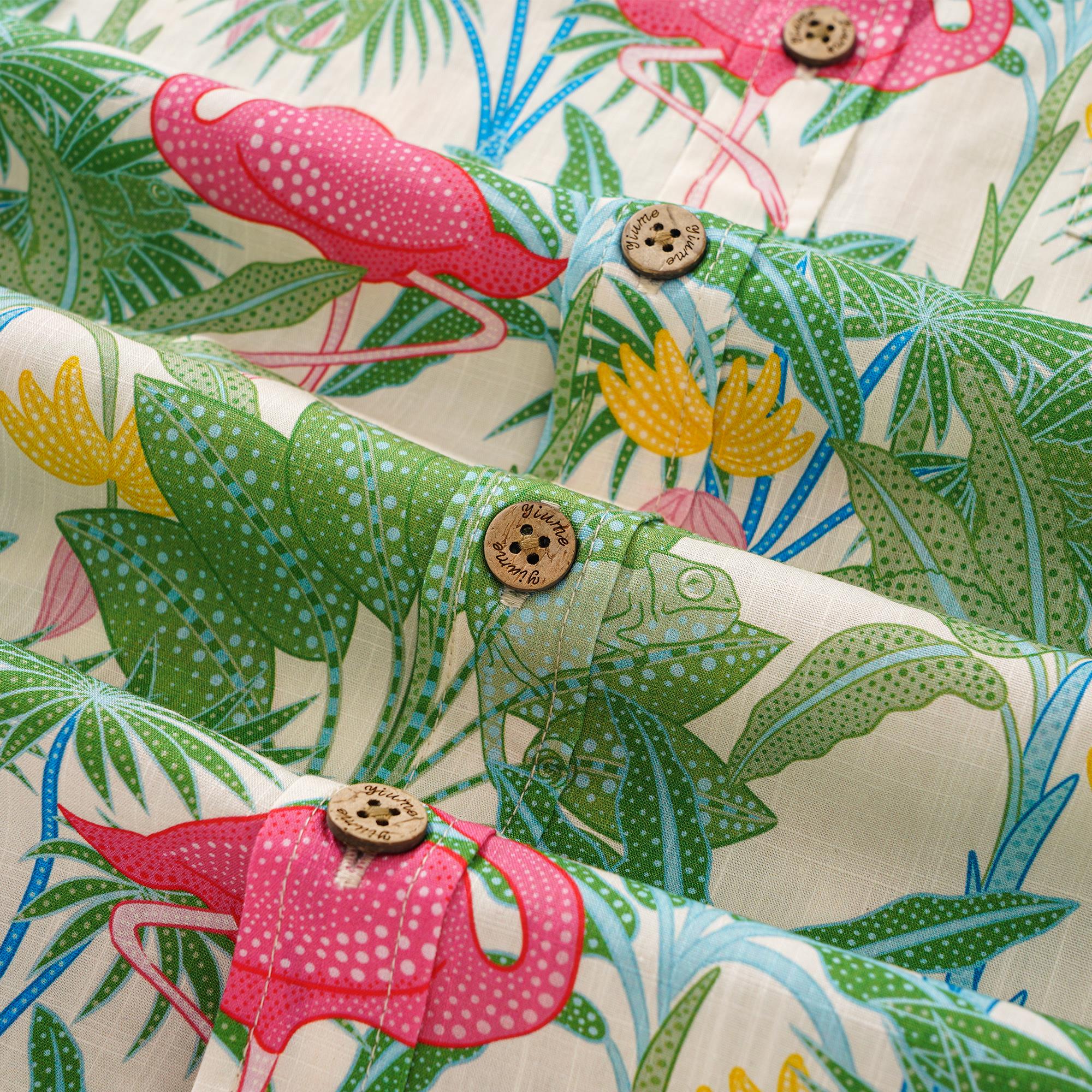 Men's Hawaiian Shirt Short Sleeve Button-down 100% Cotton Beige Aloha Flamingos & Chameleons By House of Haricot