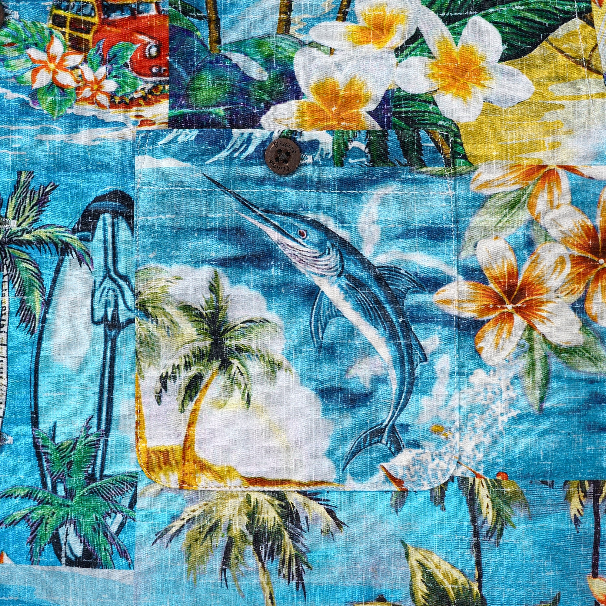 Men's Hawaiian Shirt Short Sleeve Camp Collar 100% Cotton Blue Aloha Hawaiian Beach Collage Art