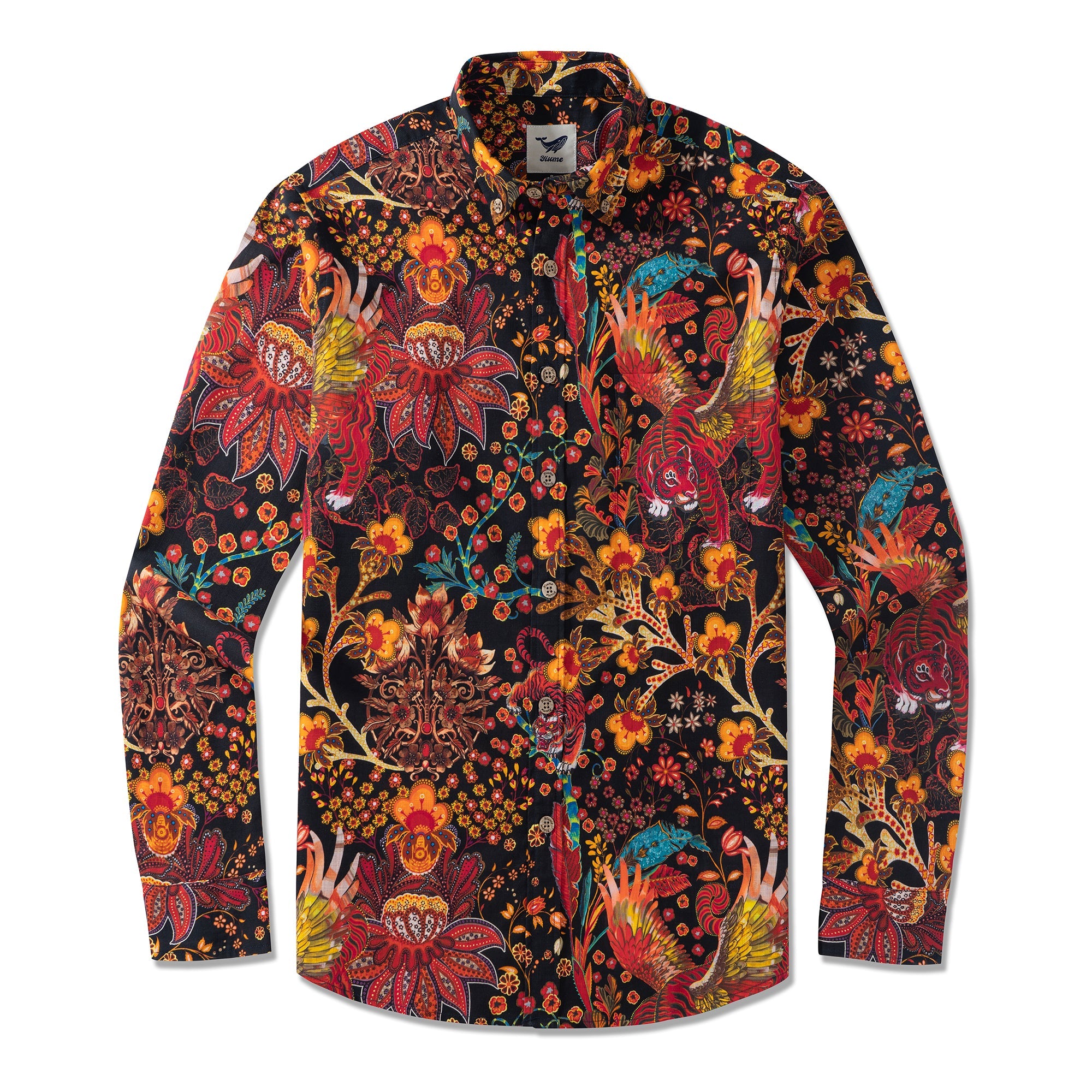 Long Sleeve Hawaiian Shirt For Men Blazing Tiger Cotton Button-down Aloha Shirt