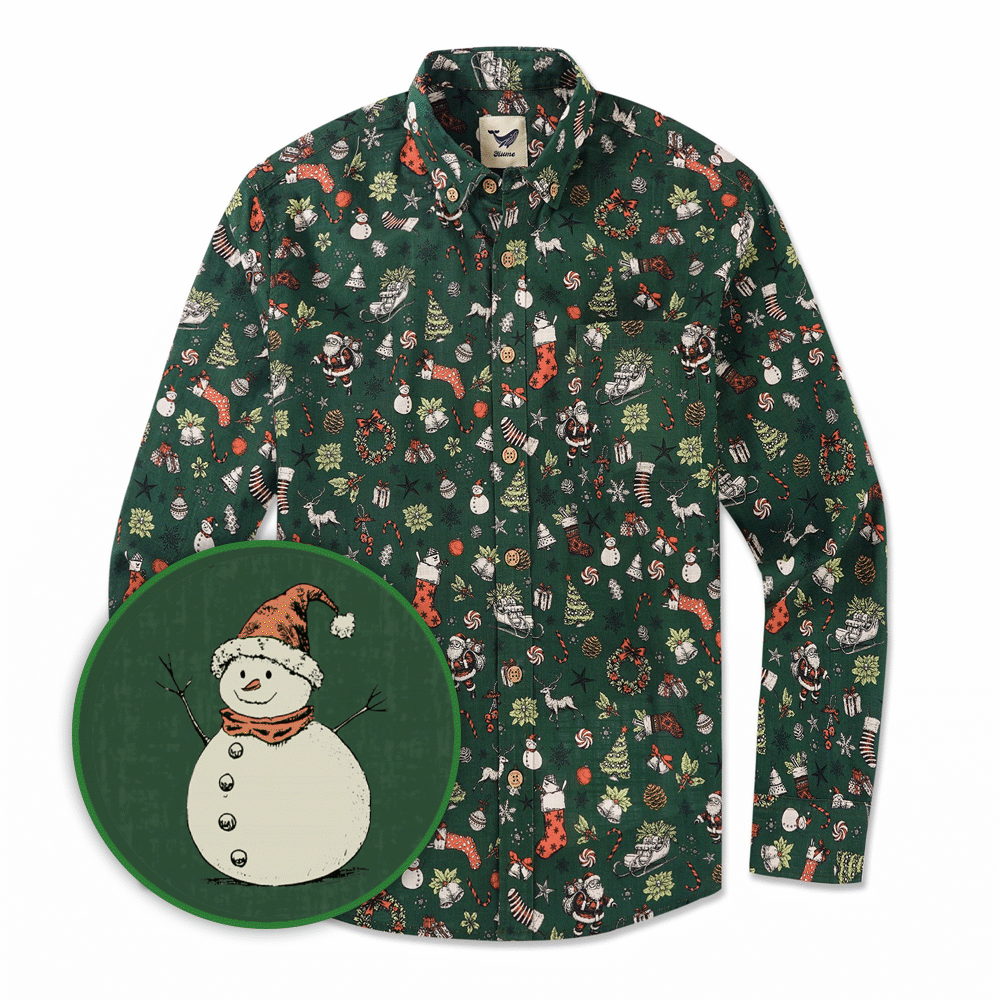 Men's Hawaiian Shirt Long Sleeve Button-down 100% Cotton Aloha Classic Christmas