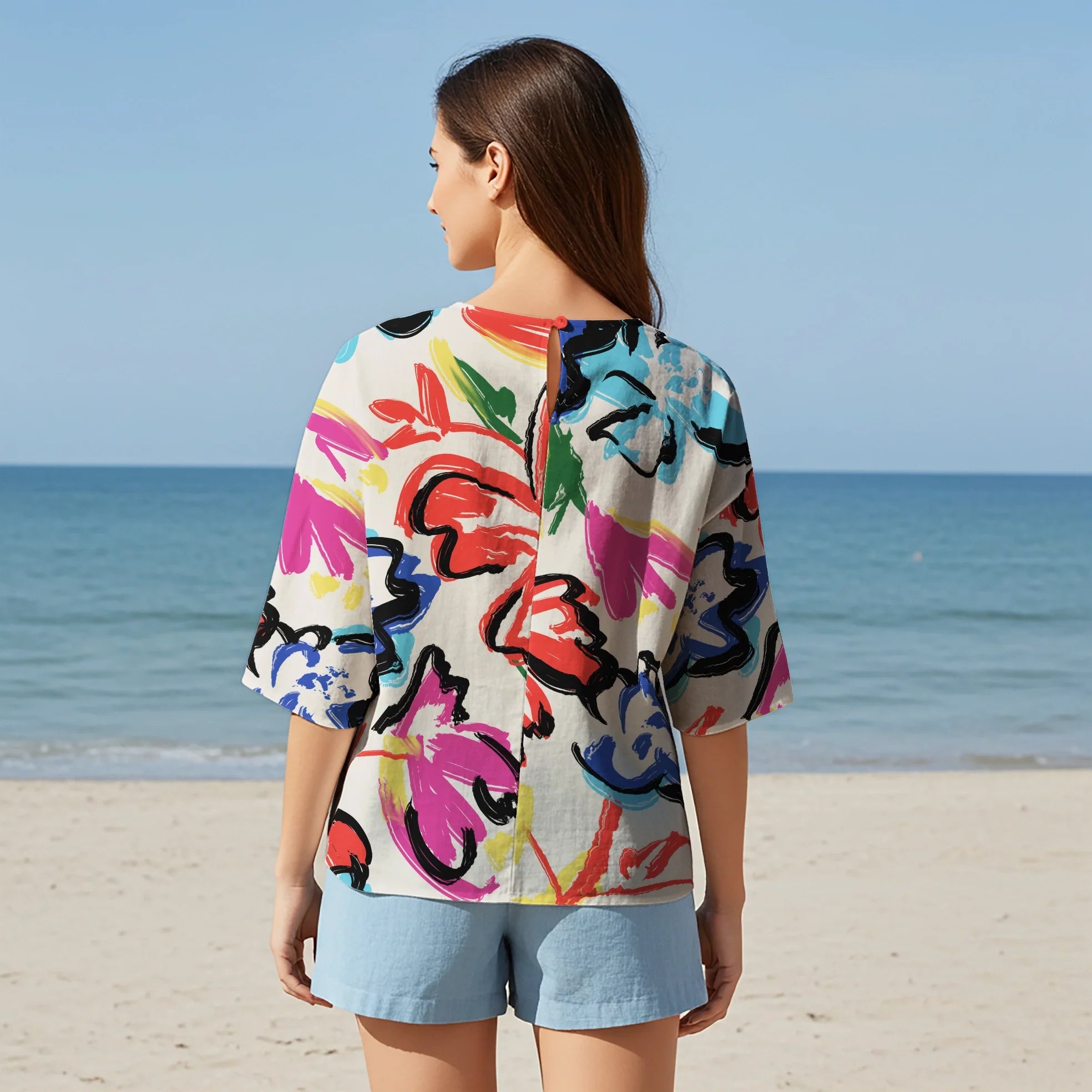 Women Casual Blouse Elbow Sleeve Round Neck Button-Back 95% Lyocell, 5% Linen Red Aloha Vibrant Blooms