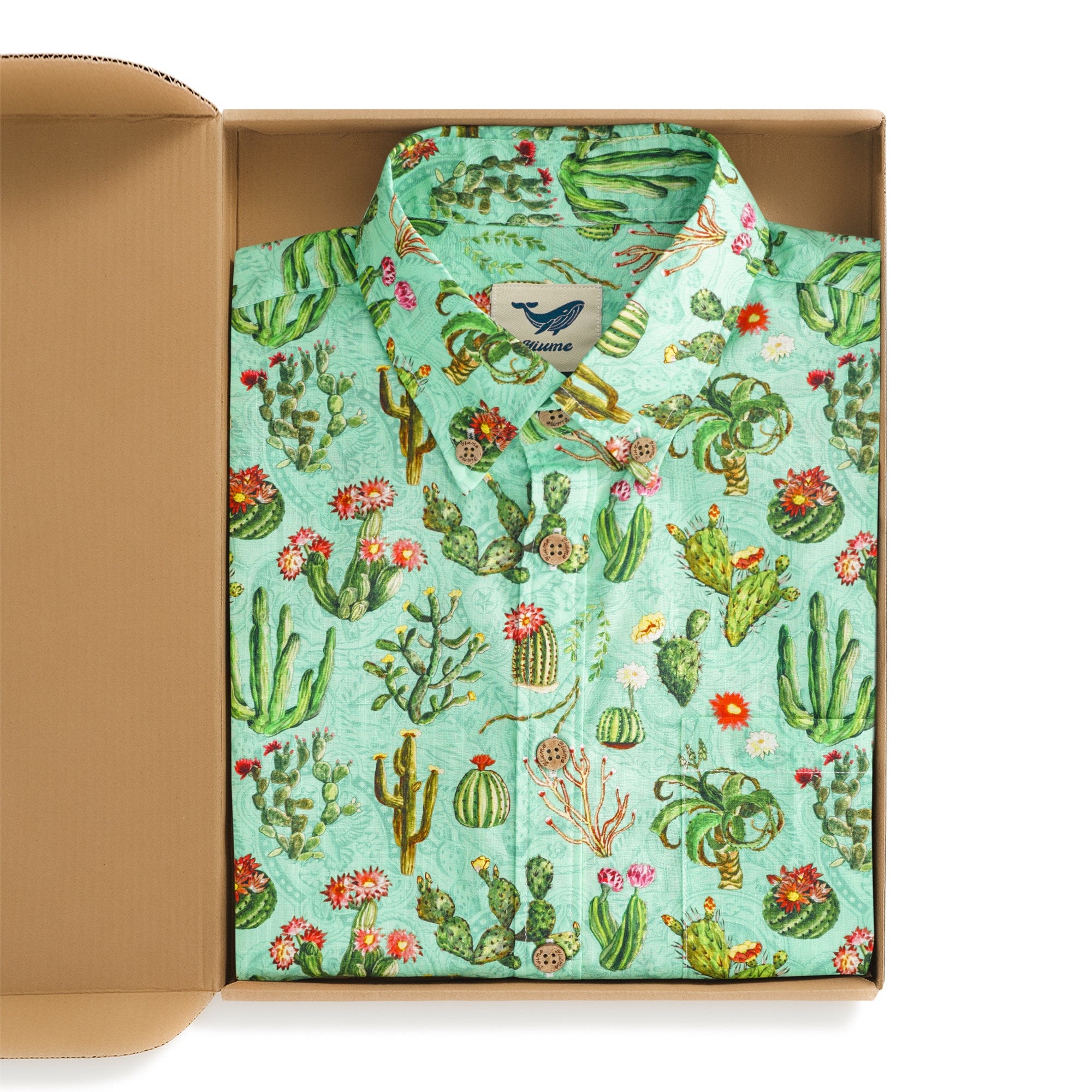 Men's Hawaiian Shirt Short Sleeve Button-down 100% Cotton Green Aloha Western Cactus Oasis