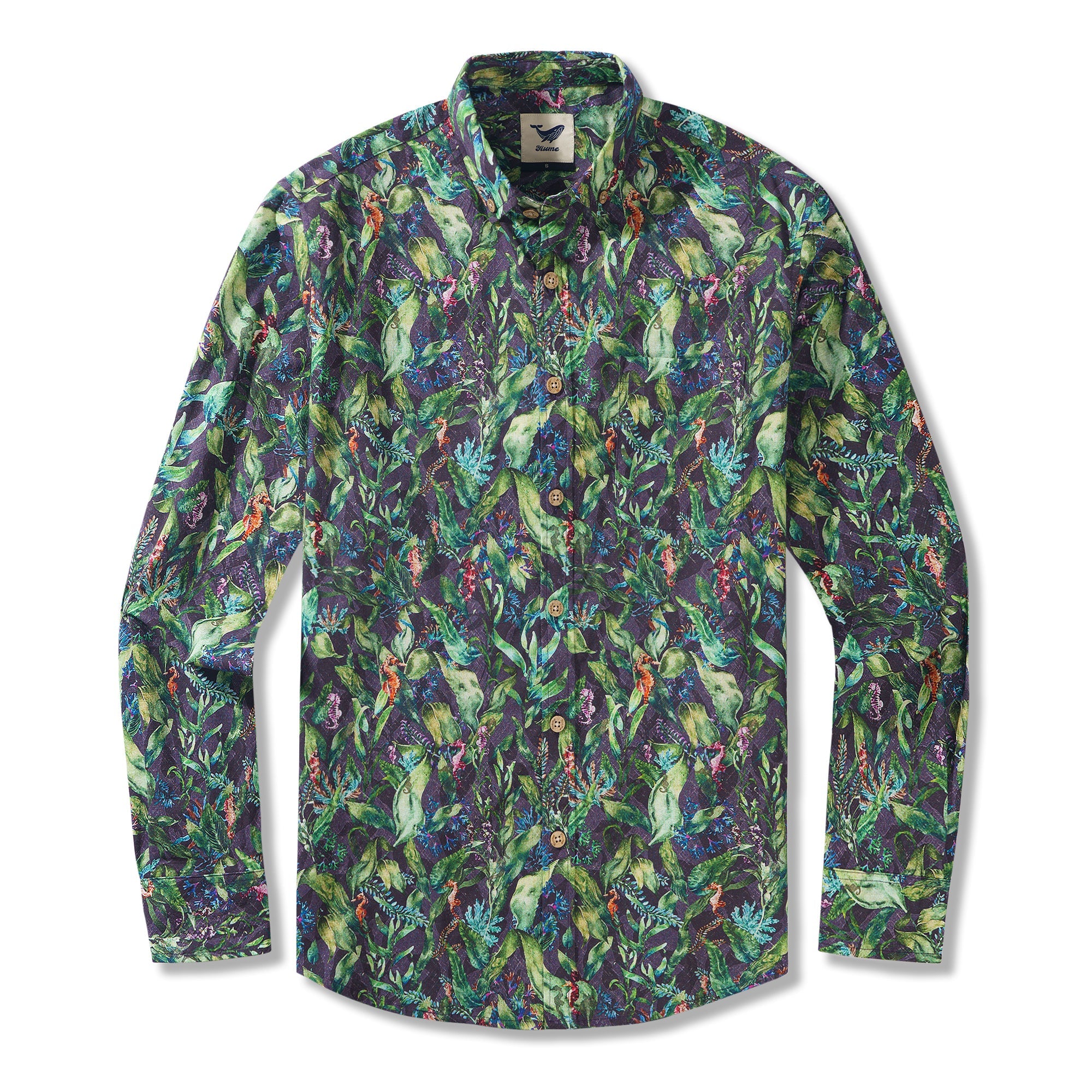 Seagrass and Seahorse 100% Cotton Men's Long Sleeve Button-down Shirt Green Aloha Hawaiian