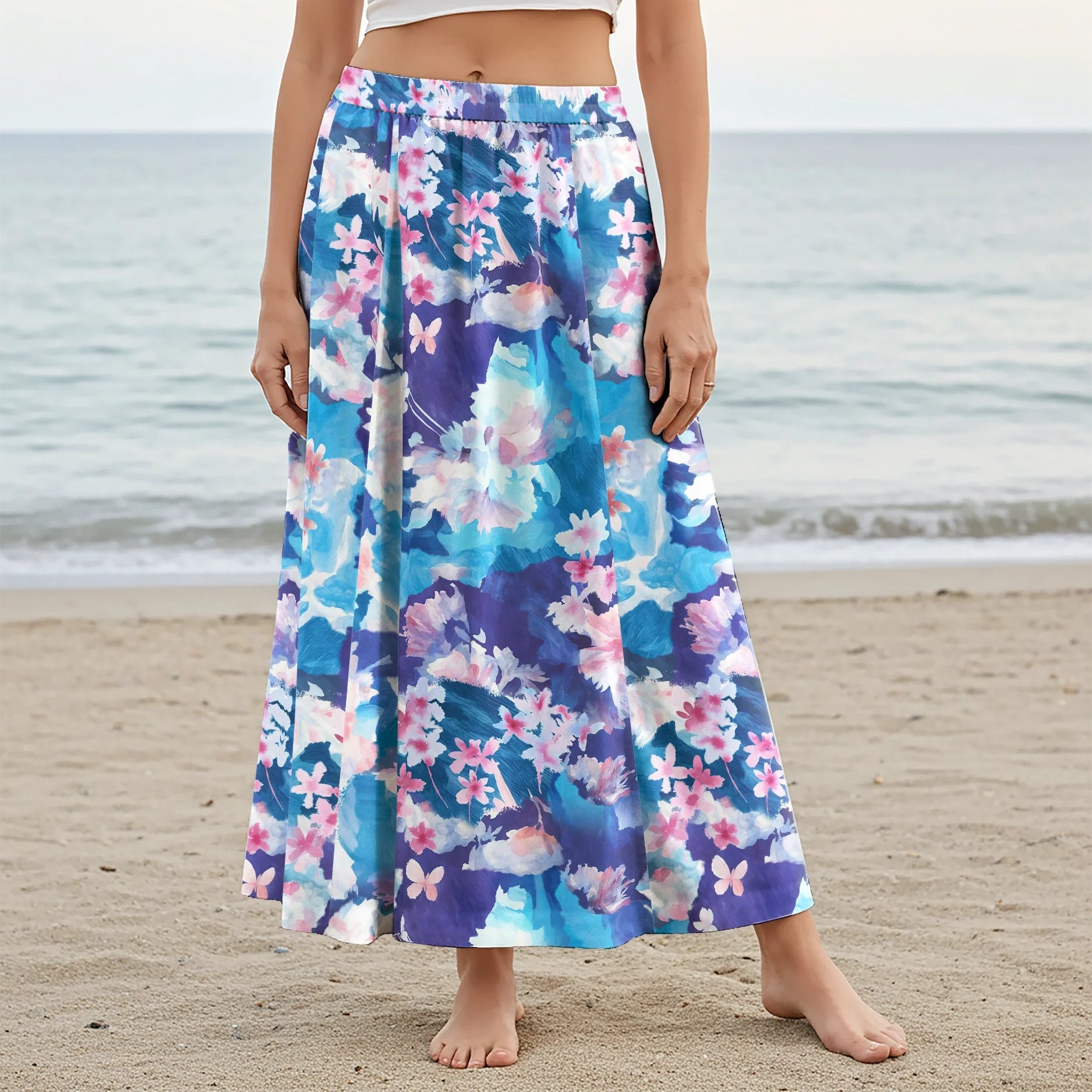 Women Casual Maxi Skirt Long Elastic Waist with Pockets 100% Cotton Blue Aloha Marine Bloom