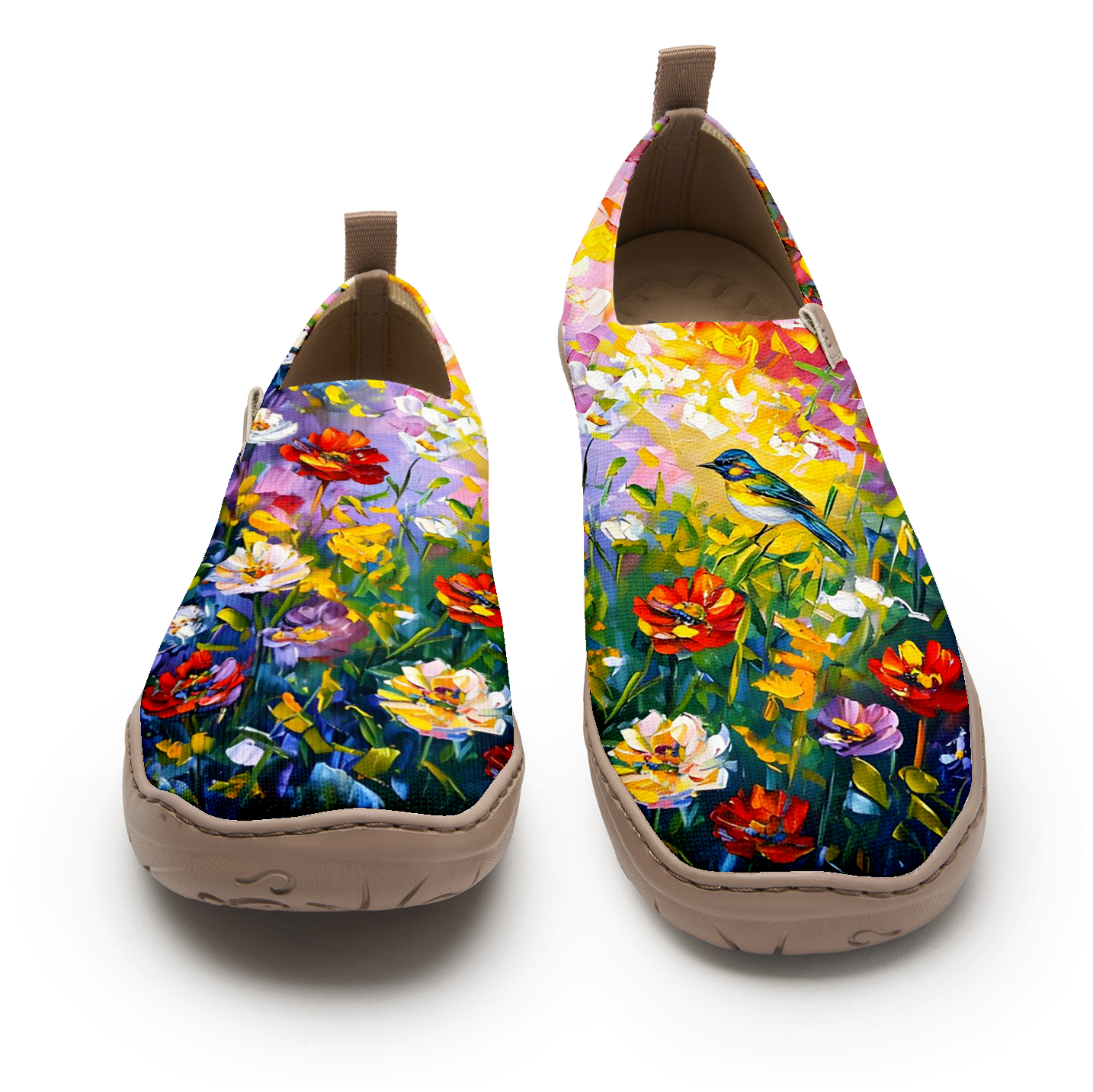Oil Painting Birds And Flowers Blue Women's Shoes