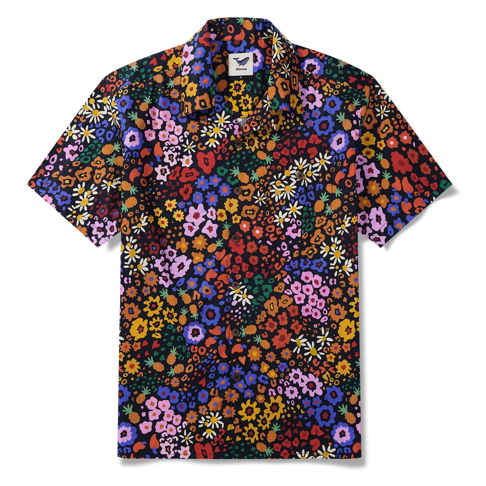 Men's Hawaiian Shirt Short Sleeve Camp Collar 100% Cotton Black Aloha Midnight Blossoms Leopard Print