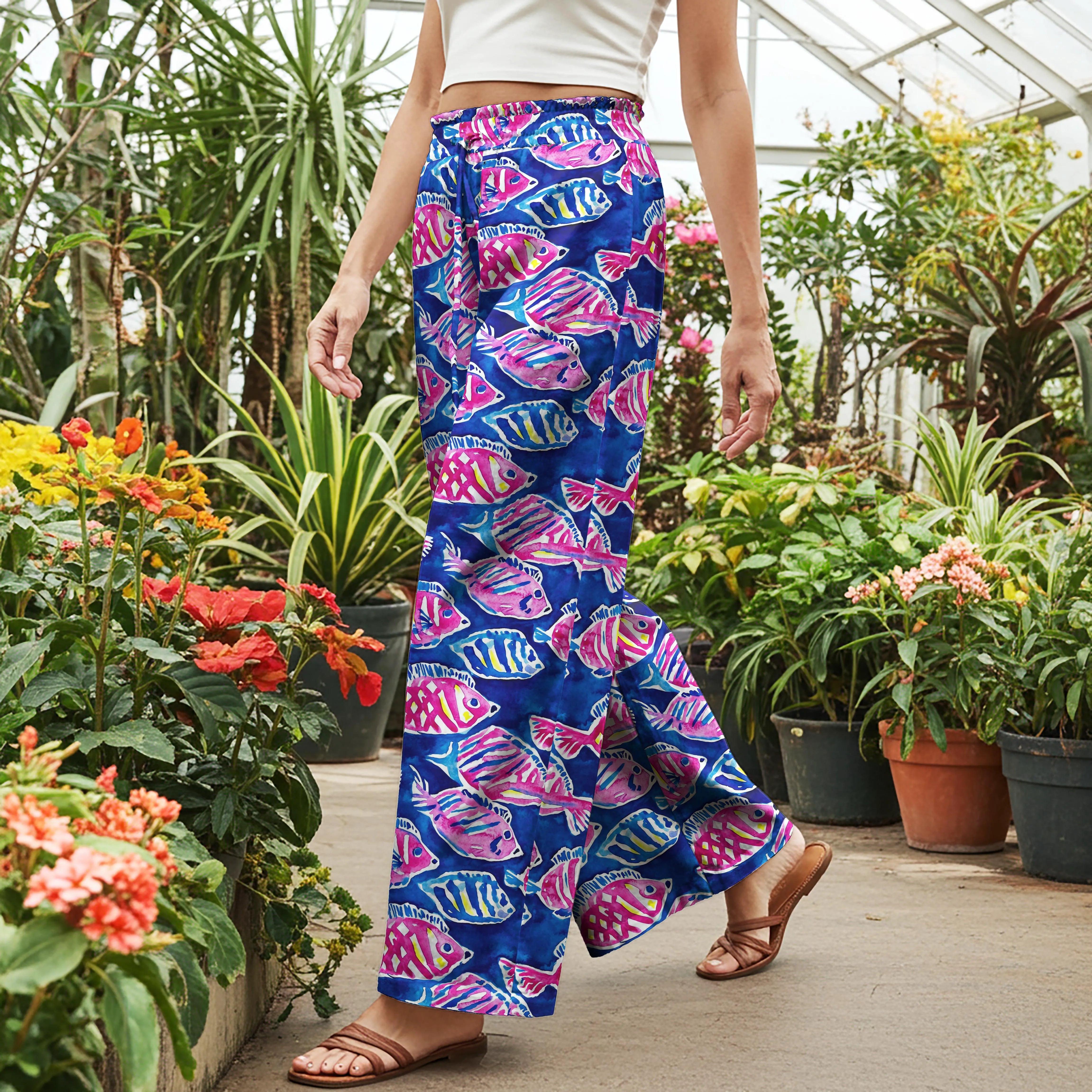 Women Casual Pants Lounge Elastic Waist Drawstring with Pockets 100% Cotton Blue Aloha Ocean Vitality