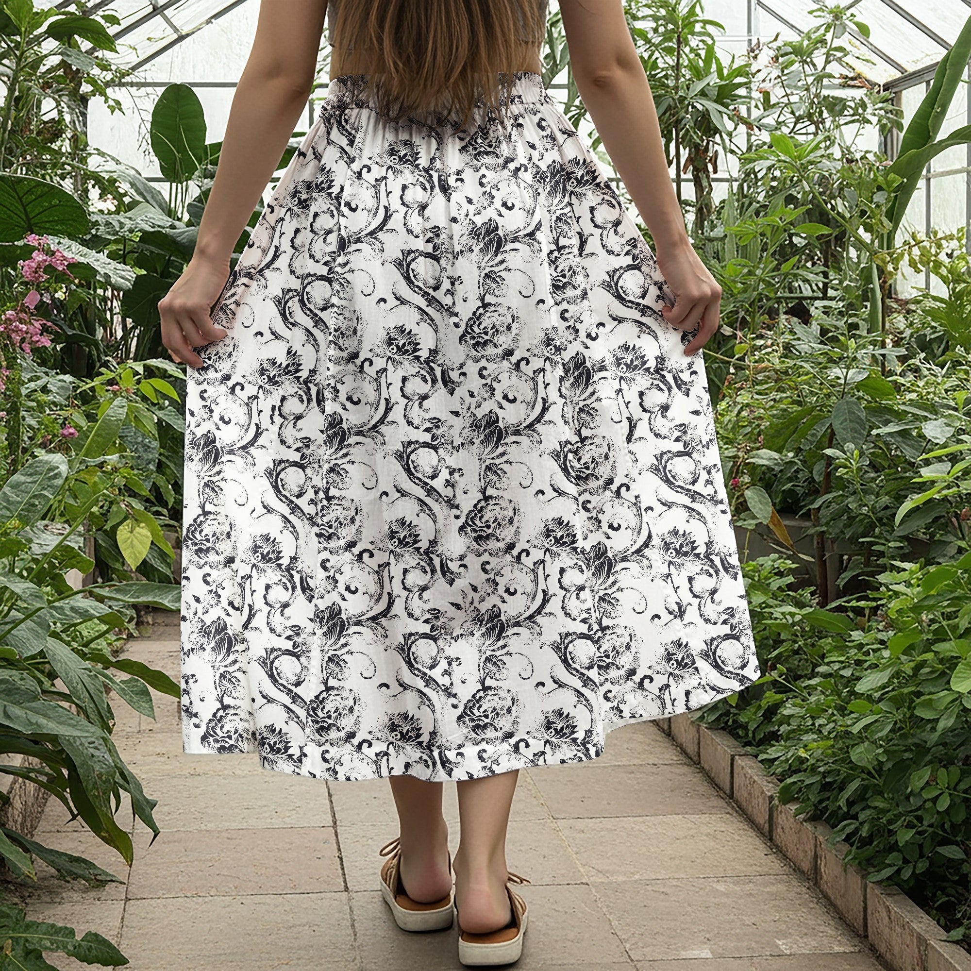 Women Casual Maxi Skirt Long Elastic Waist with Pockets 100% Cotton Black Aloha Vintage Scroll Pattern