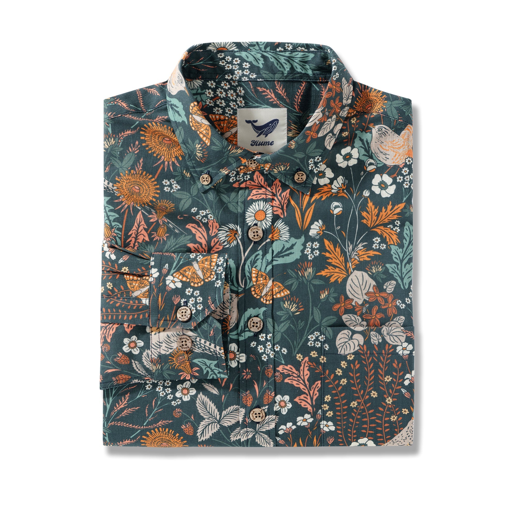 Men's Hawaiian Shirt The Pheasant, Wren and Butterfly By Abigail Bryan Cotton Button-down Long Sleeve Aloha Shirt