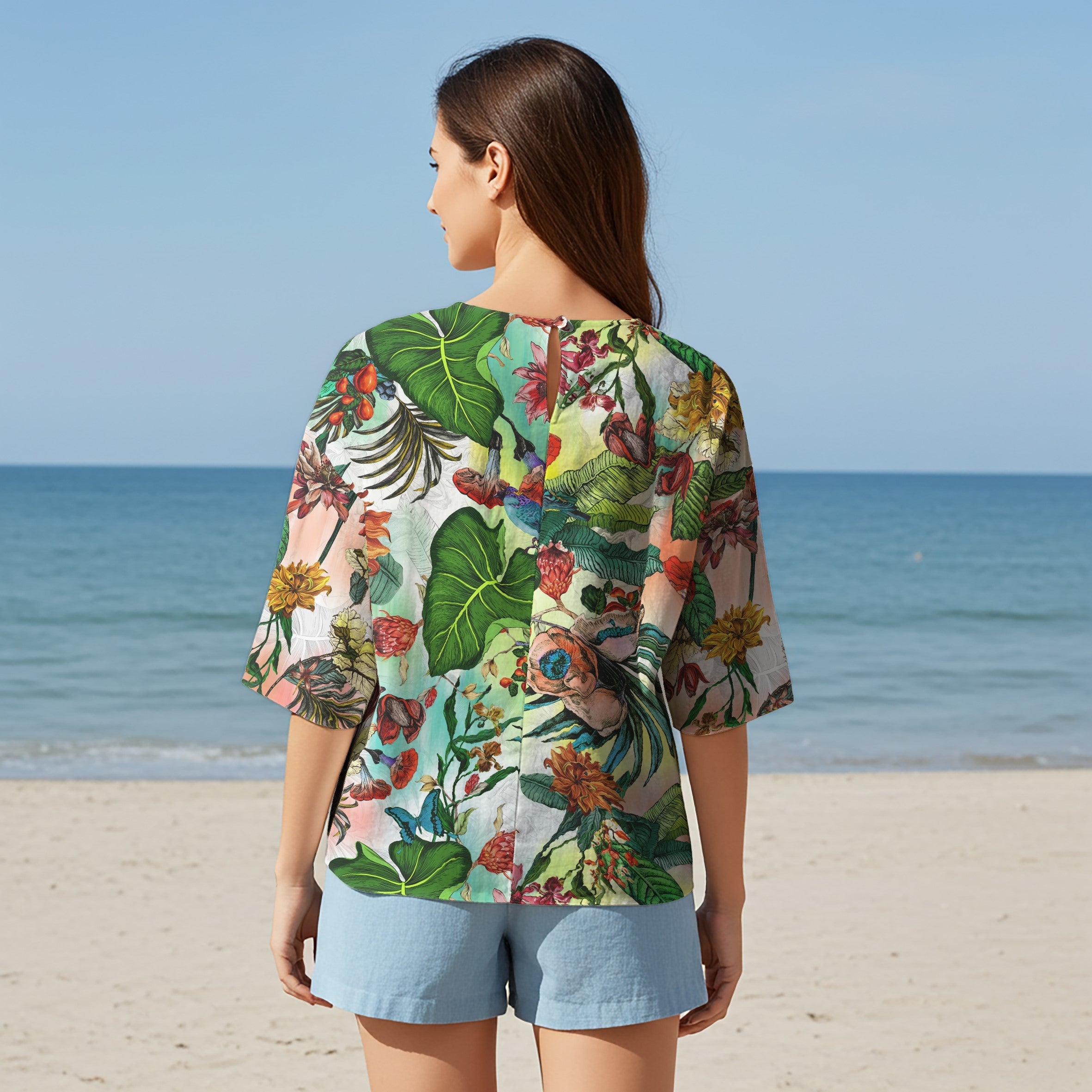 Women Casual Blouse Elbow Sleeve Round Neck Button-Back 95% Tencel, 5% Linen Green Aloha Tropical Floral Fantasy