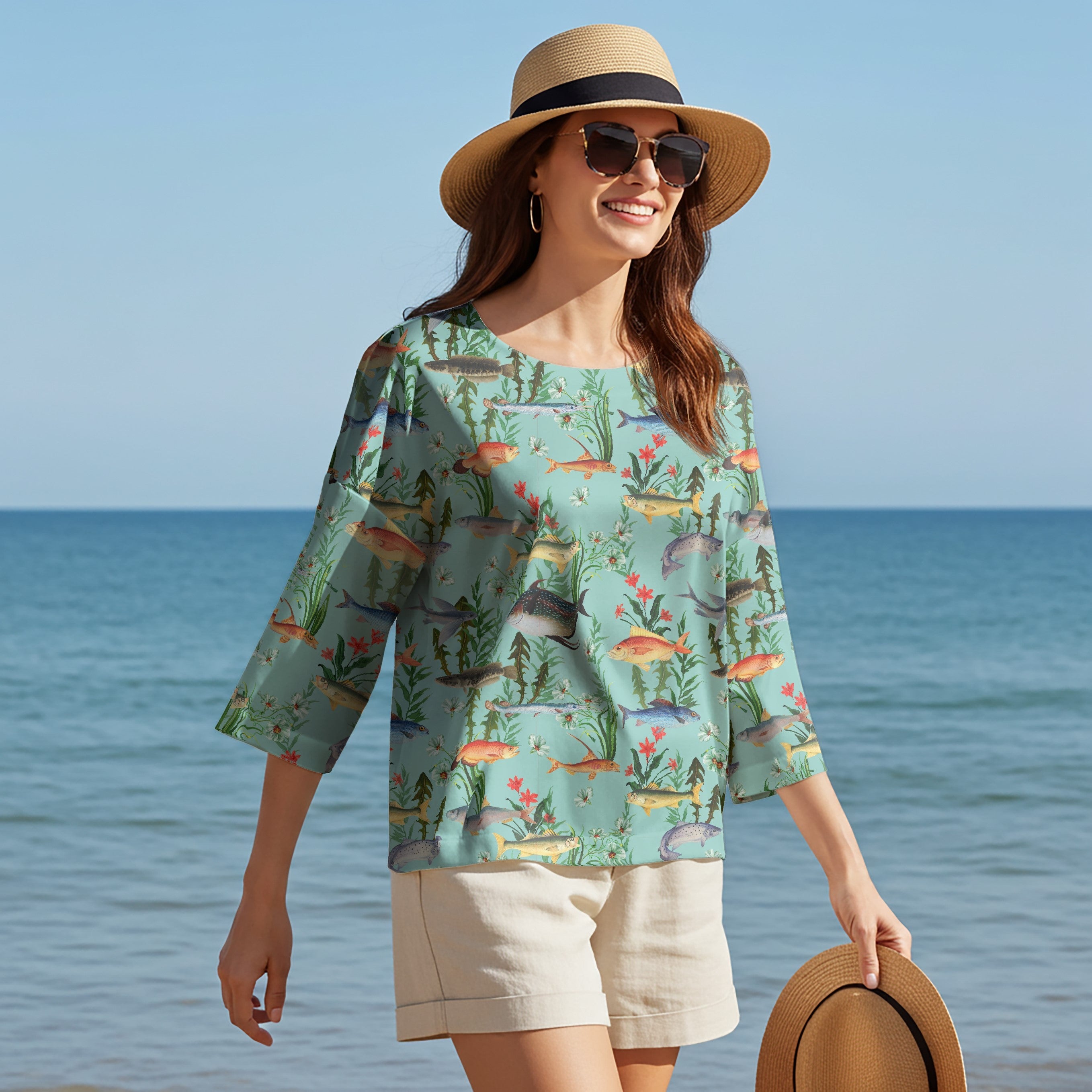 Women Casual Blouse 3/4 Sleeve Round Neck 76% Tencel, 24% Nylon Green Aloha Azure Sea Creatures Scroll