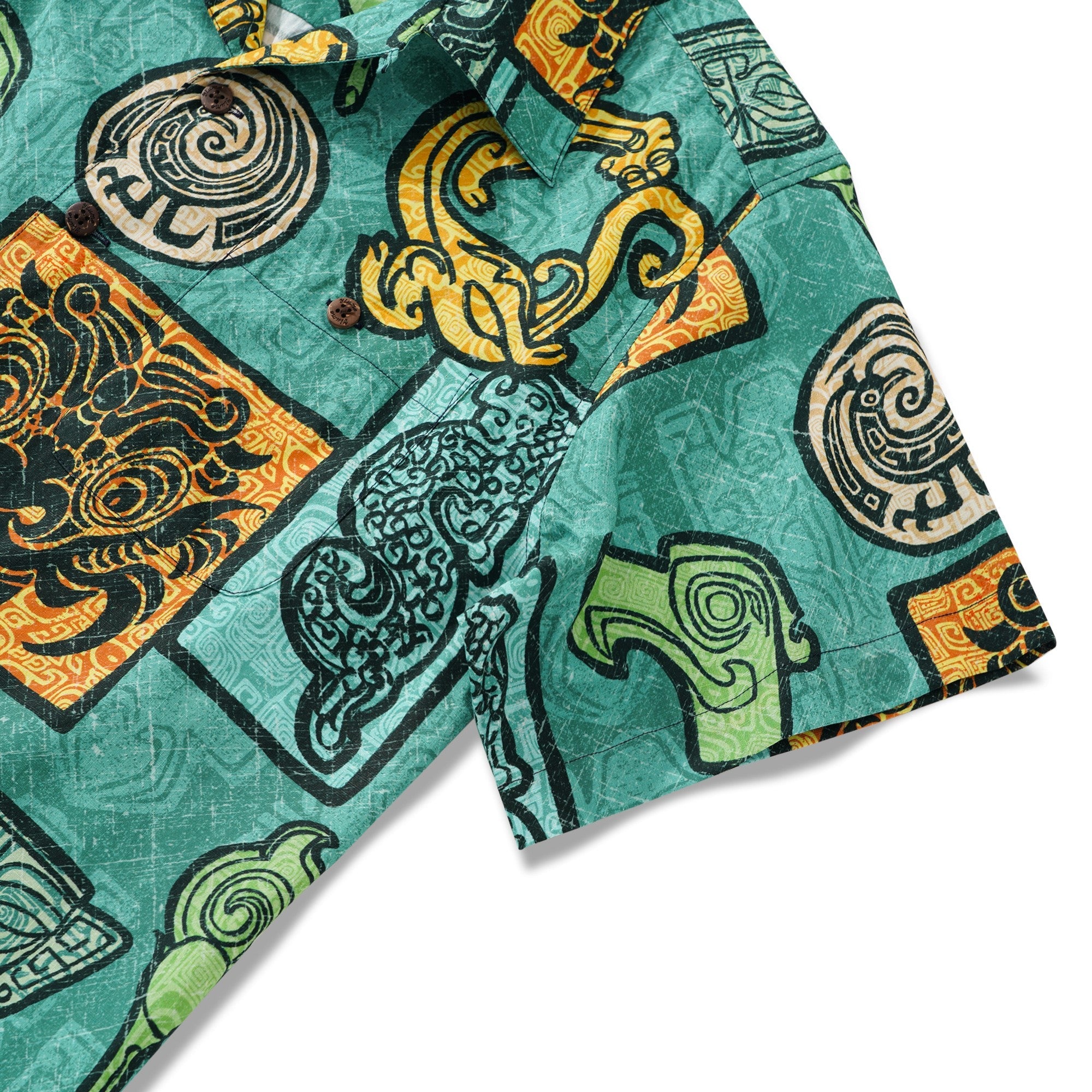Men's Hawaiian Shirt Short Sleeve Camp Collar 100% Cotton Green Aloha Sanxingdui Sacred Hawaiian Shirt