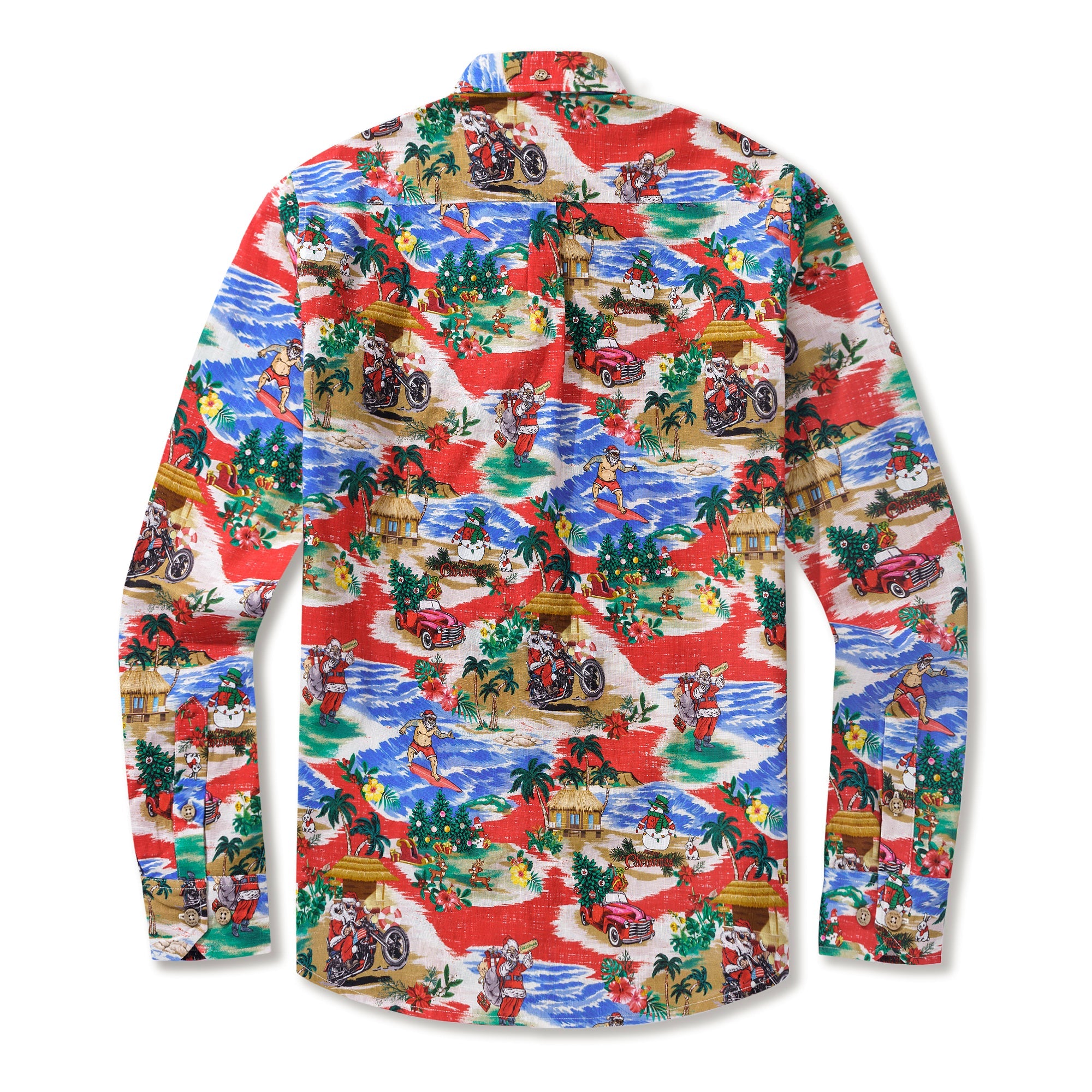 Christmas Long Sleeve Hawaiian Shirt For Men Santa Claus on a Harley 100% Cotton Button-down Aloha Shirt