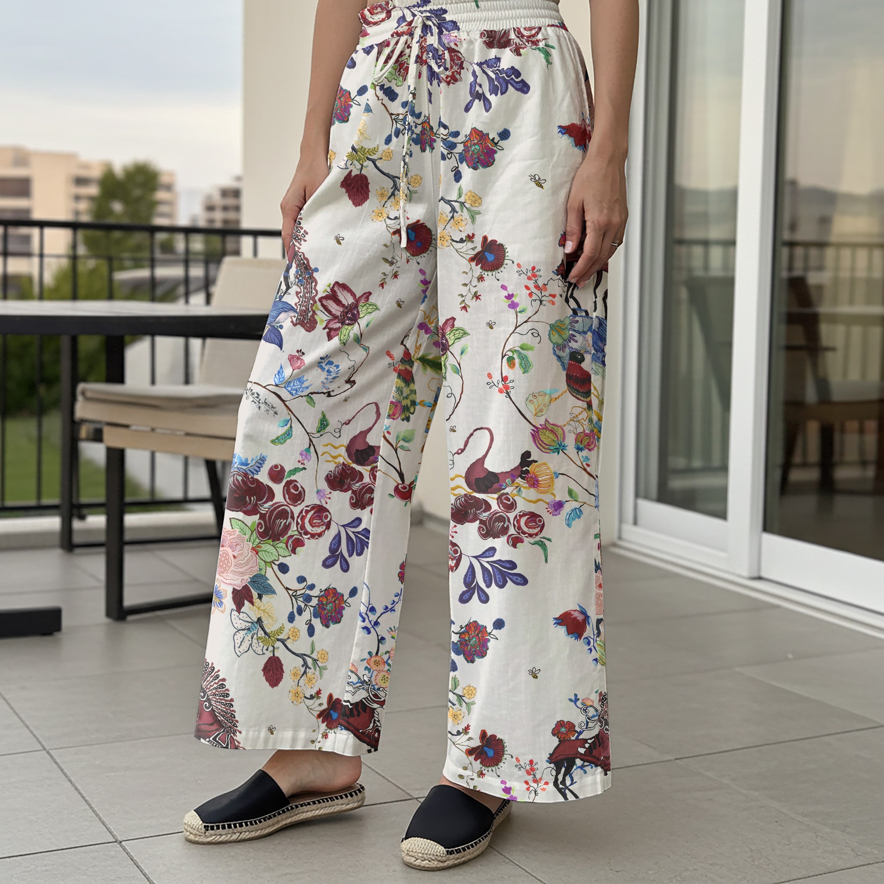 Women Casual Pants Lounge Elastic Waist Drawstring 100% Cotton Red Aloha Mystical Blooms Fantasy