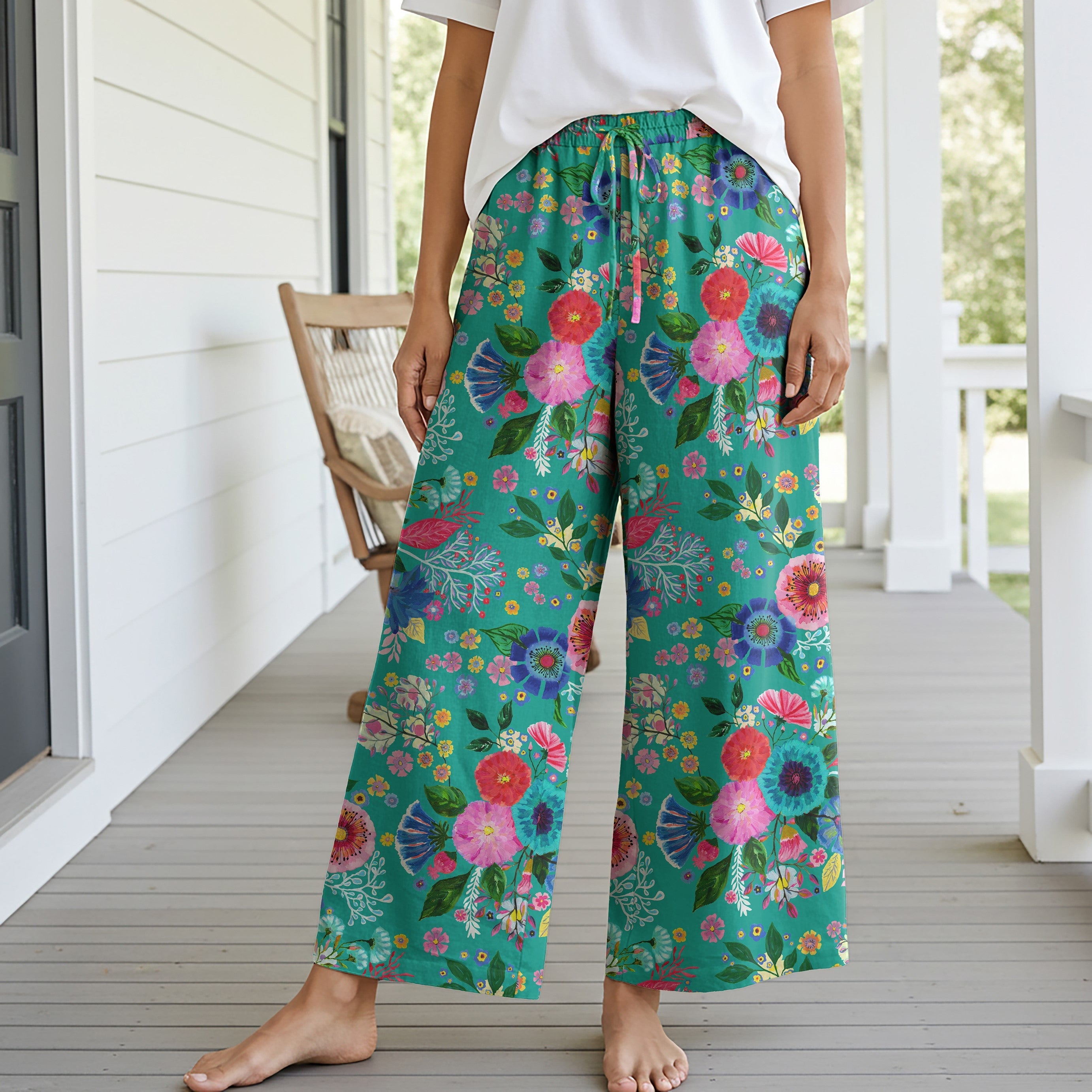 Women Casual Pants Lounge Elastic Waist Drawstring with Pockets 93% Tencel, 7% Linen Green Aloha Dance Of Emerald Flowers