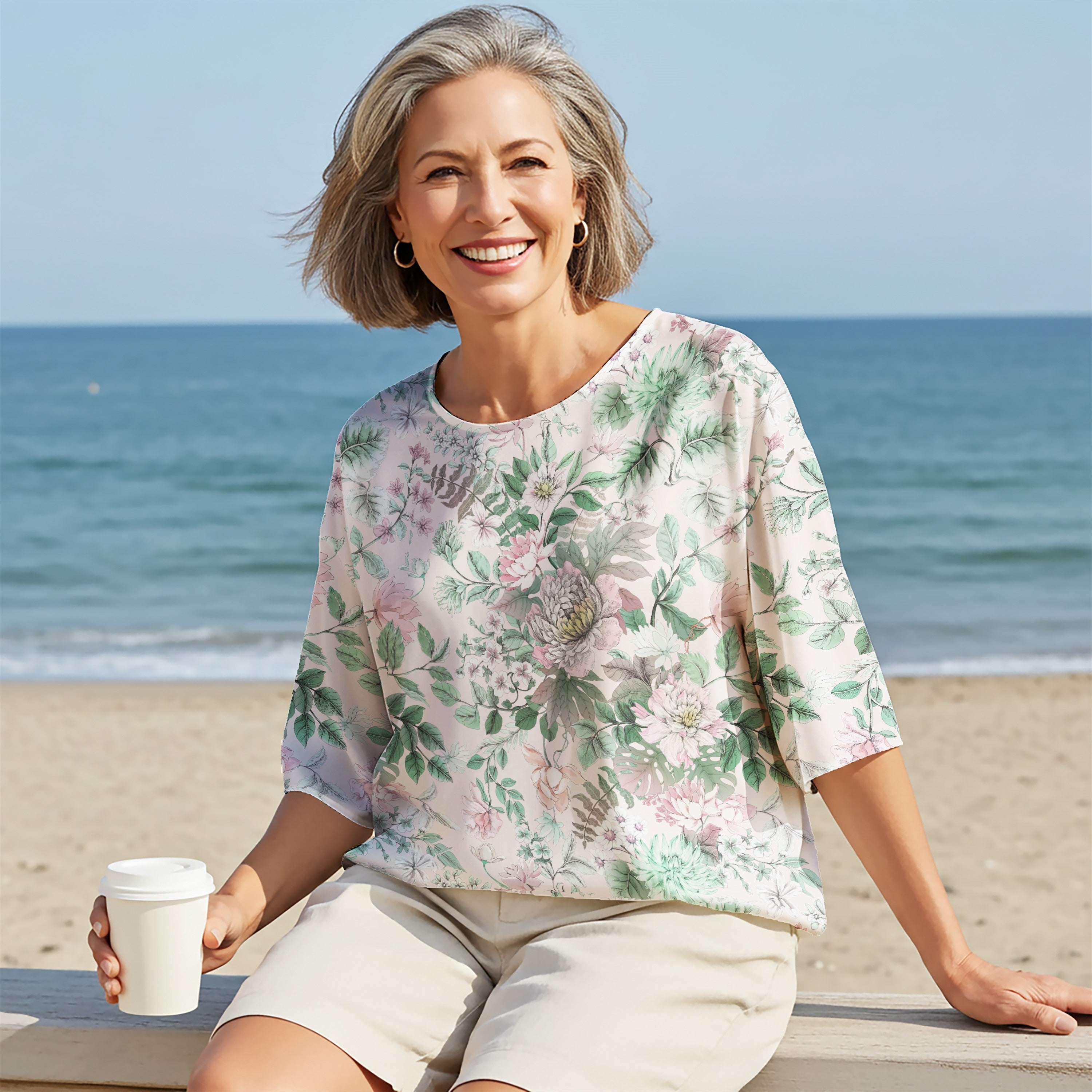 Women Casual Blouse Elbow Sleeve Round Neck Button-Back 100% Tencel Green Aloha Soft Floral Elegance