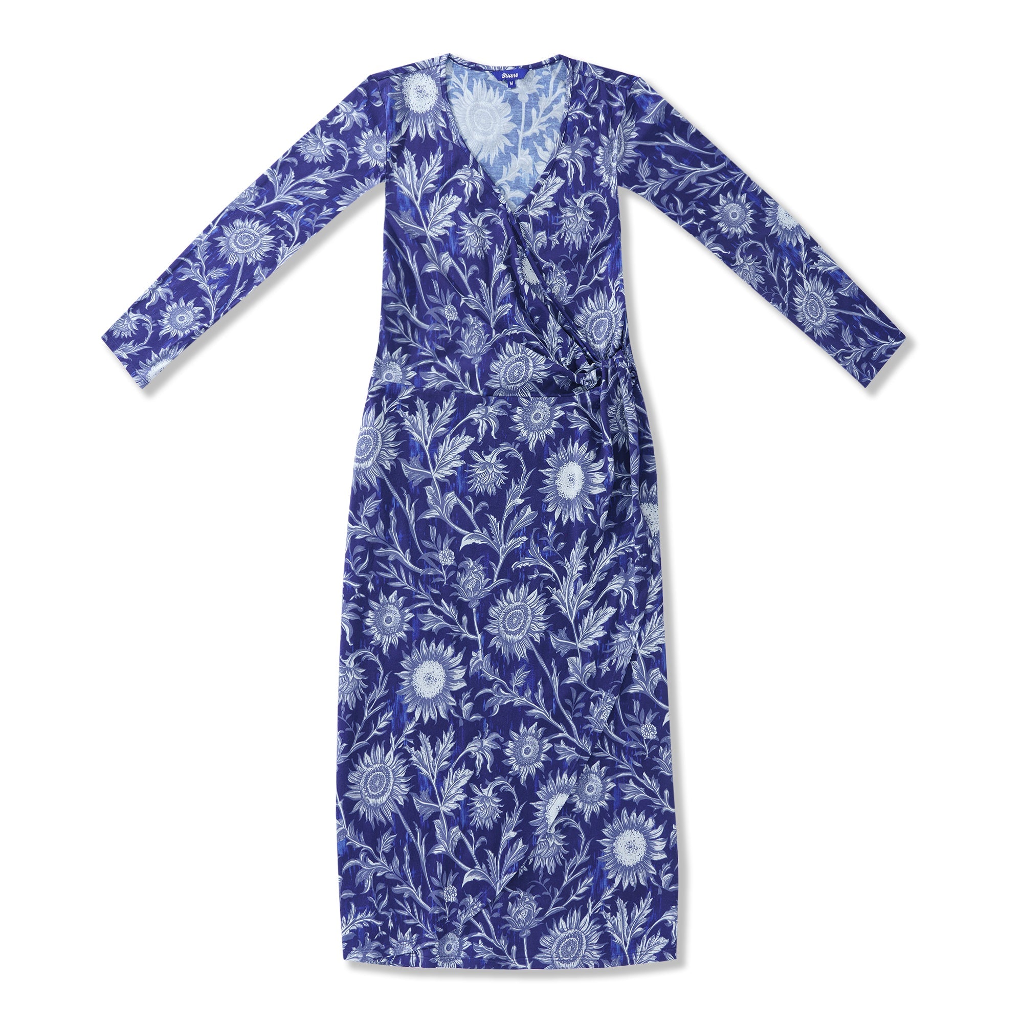 Women Hawaiian Dress Blue and White Porcelain Sunflower V-Neck Long Sleeve Dress