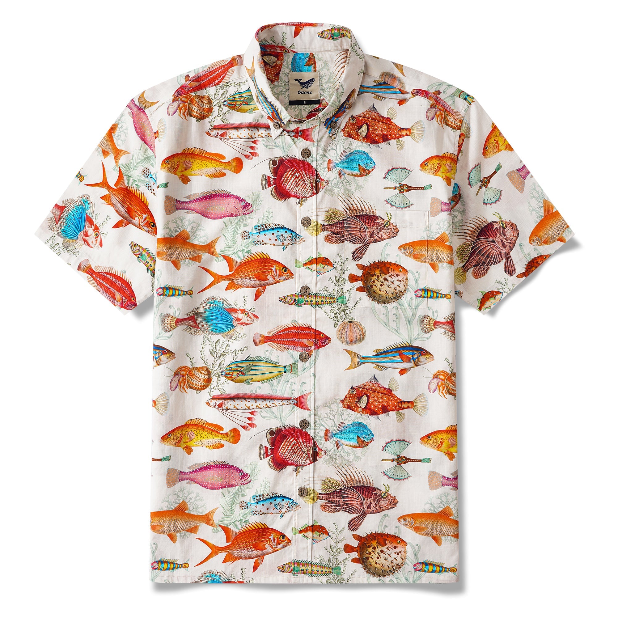 Symphony of the Sea 100% Cotton Men's Short Sleeve Button-down Shirt Beige Aloha Hawaiian