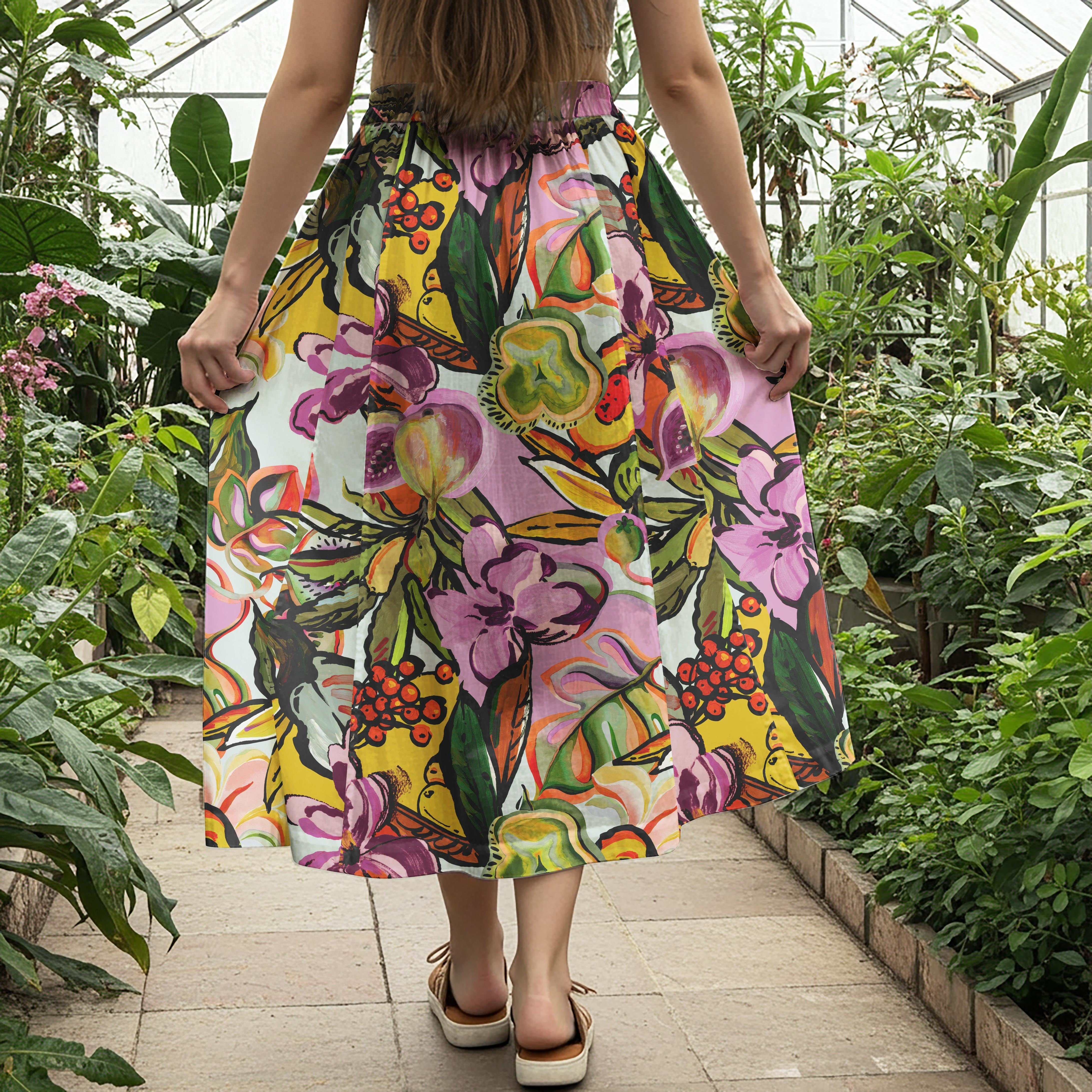 Women Casual Maxi Skirt Long Elastic Waist with Pockets 100% Cotton Green Aloha Tropical Plant Party