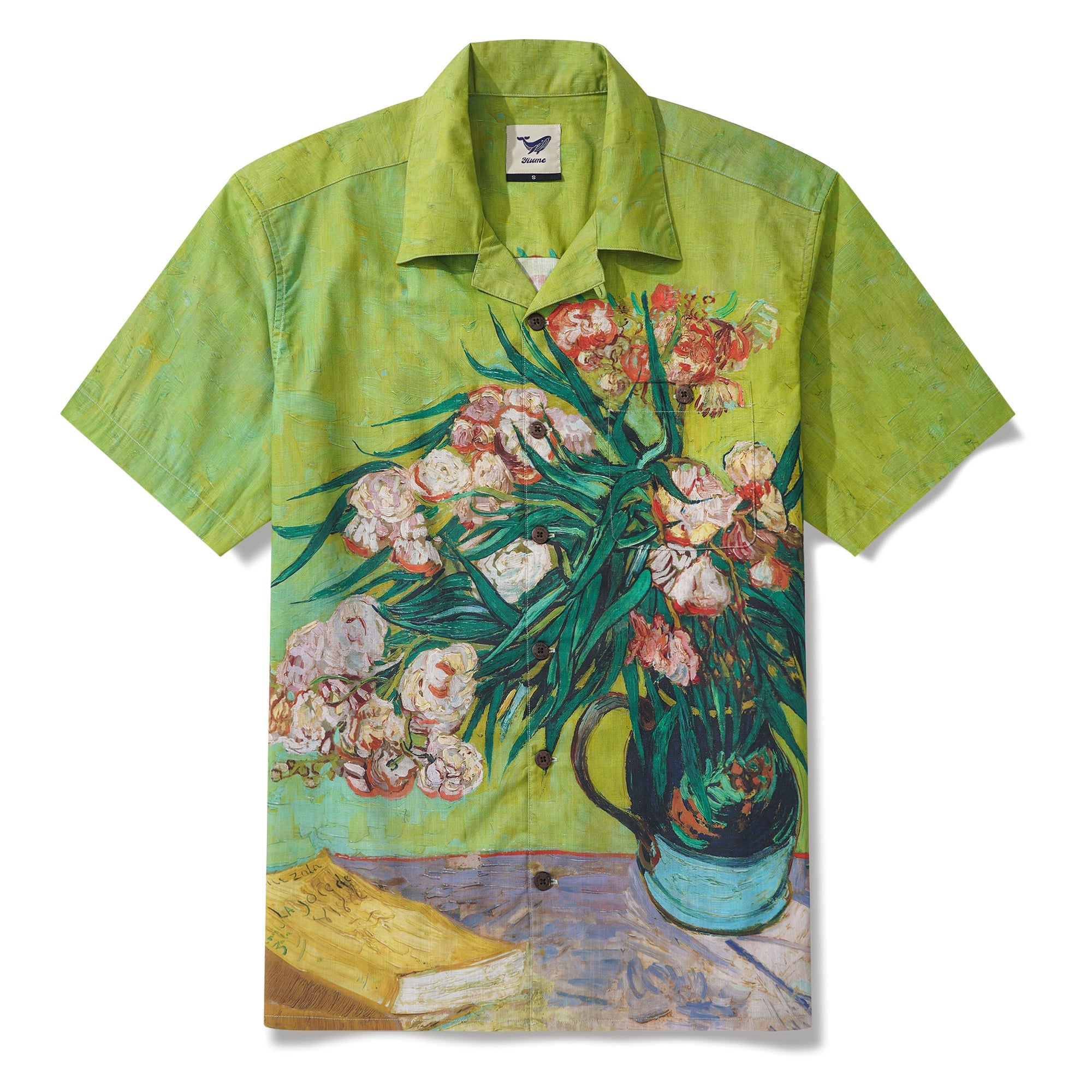 Men's Hawaiian Shirt Short Sleeve Camp Collar 100% Cotton Green Aloha Van Gogh Blossoms