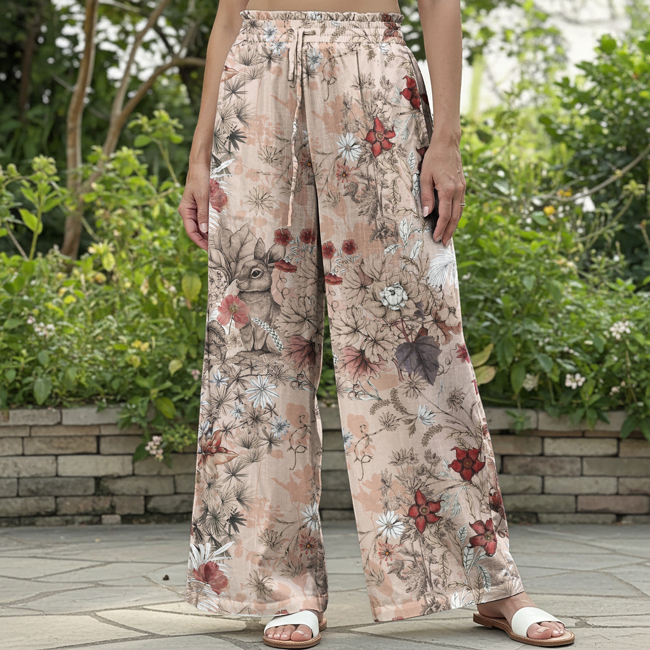 Women Casual Pants Lounge Elastic Waist Drawstring 100% Cotton Aloha Vintage Garden Bunny