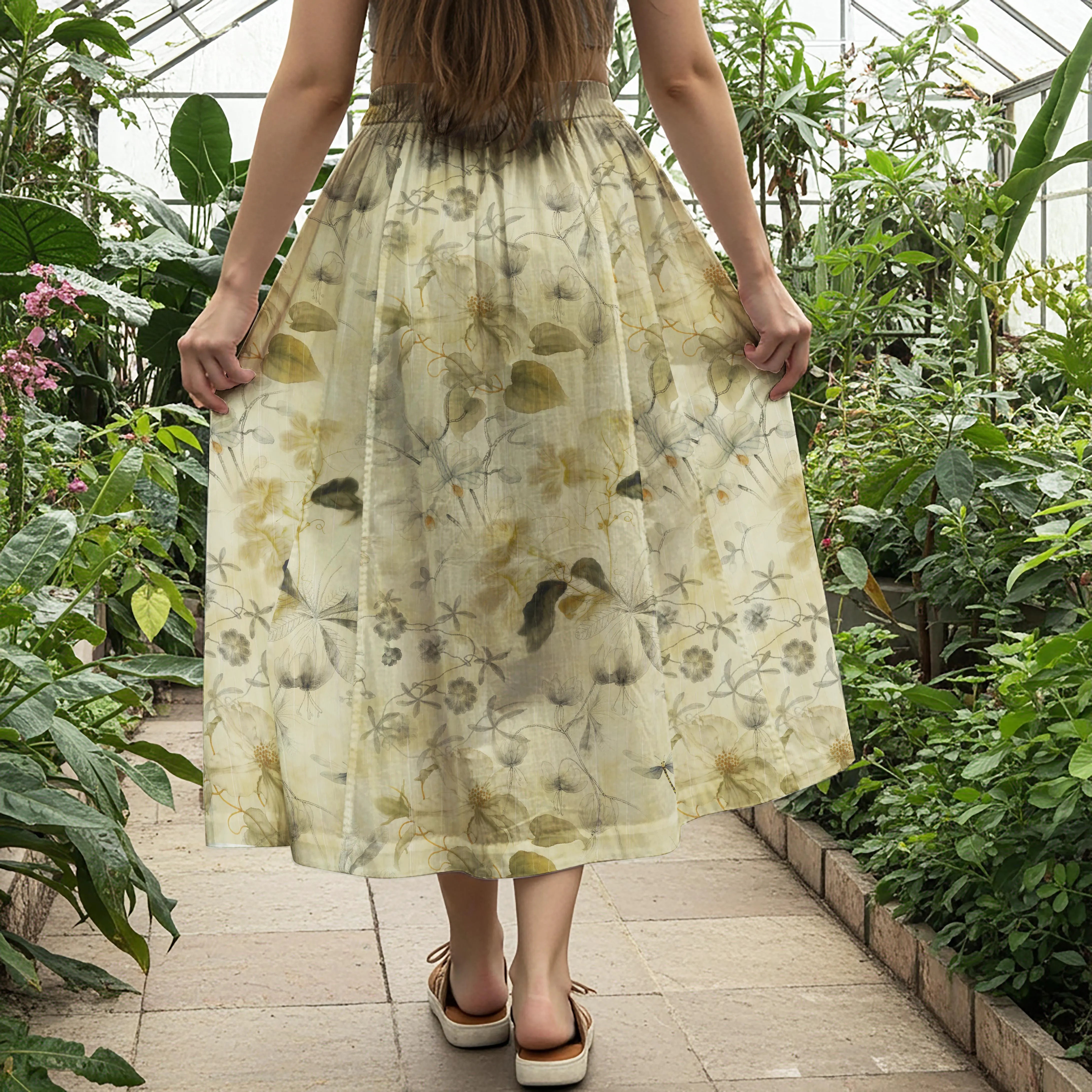 Women Casual Maxi Skirt Long Elastic Waist with Pockets 100% Cotton Yellow Aloha Vintage Botanical Elegance