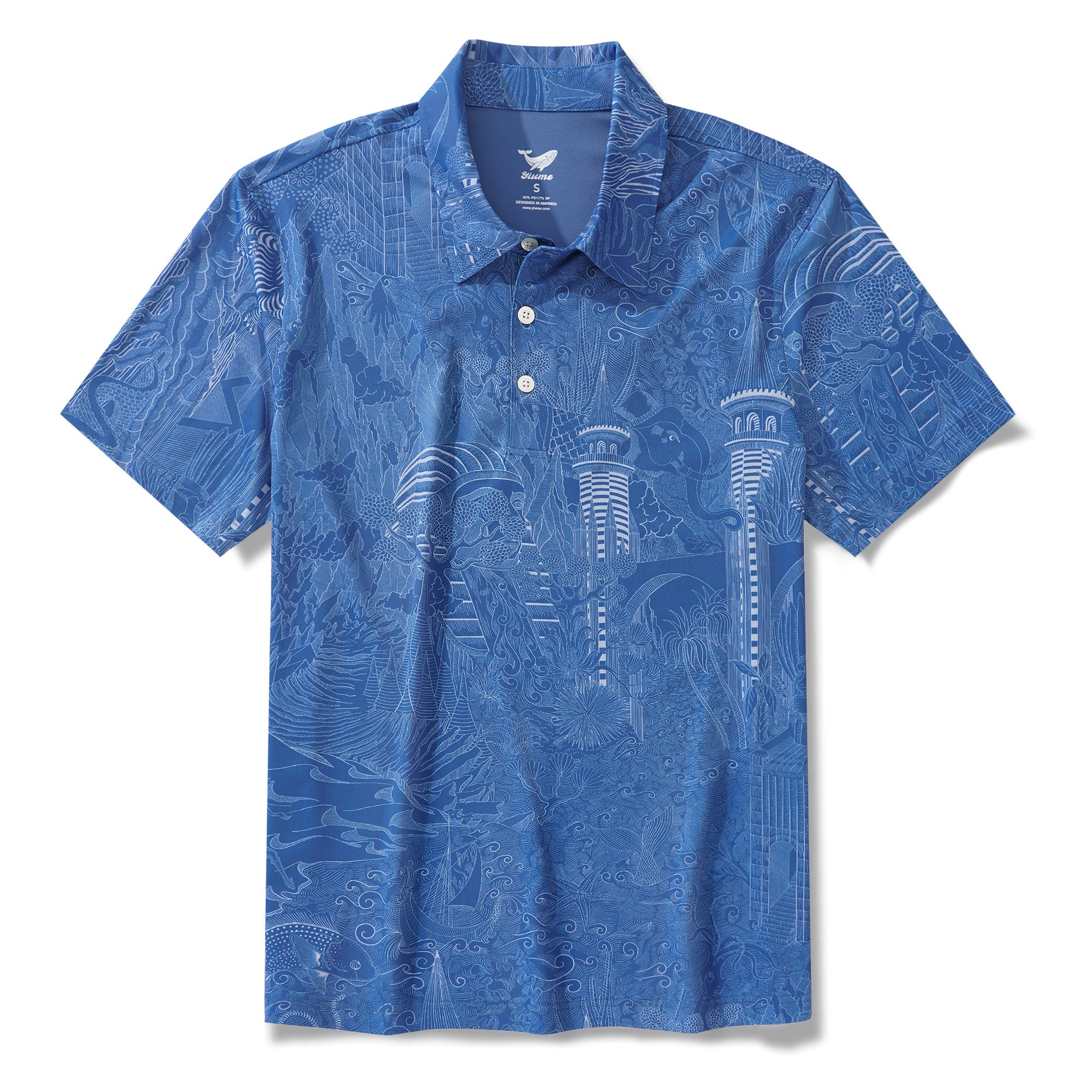 Men's Hawaiian Polo Shirt Short Sleeve 83% Recycled polyester 17% Spandex Blue Aloha Celestial Wonders Print
