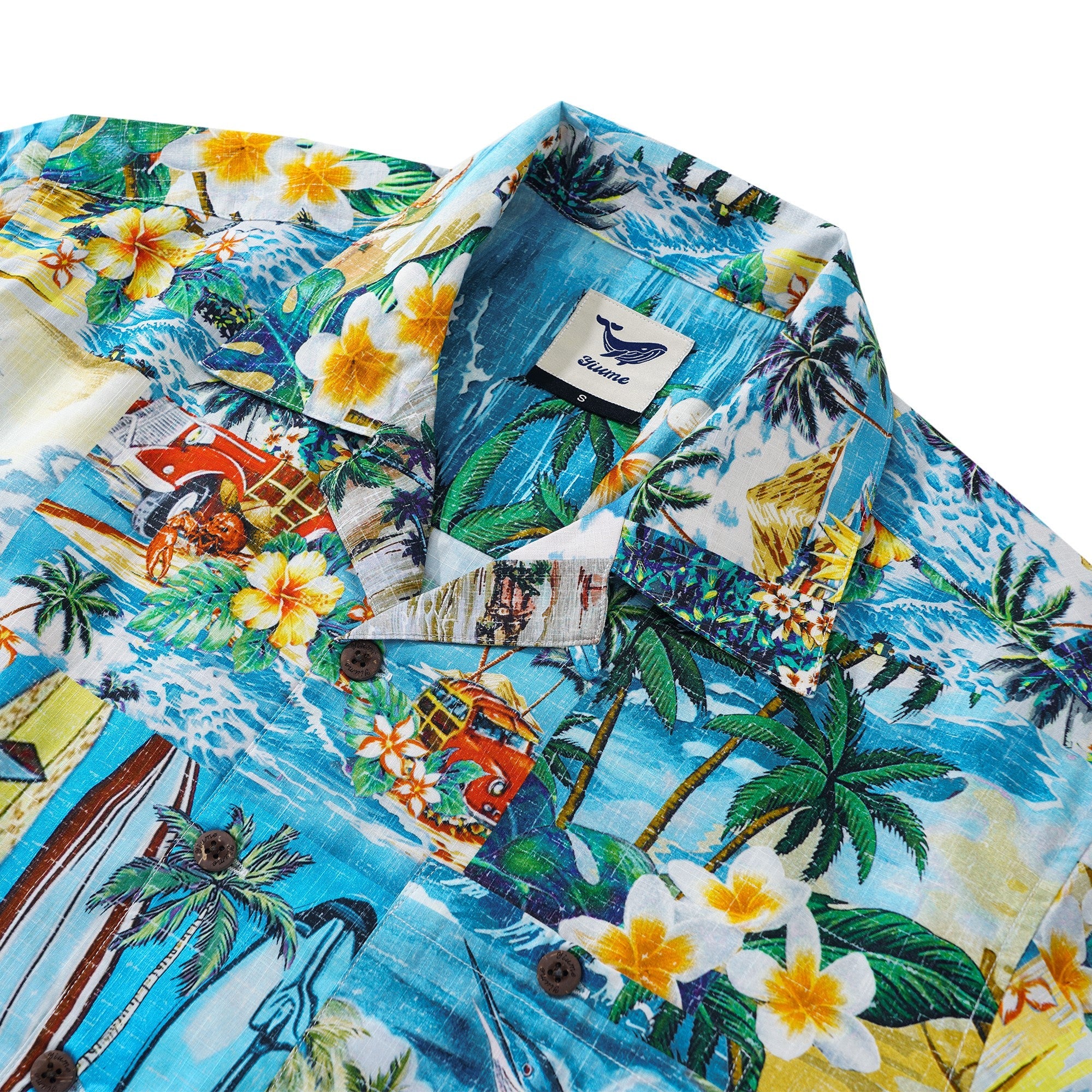 Men's Hawaiian Shirt Short Sleeve Camp Collar 100% Cotton Blue Aloha Hawaiian Beach Collage Art