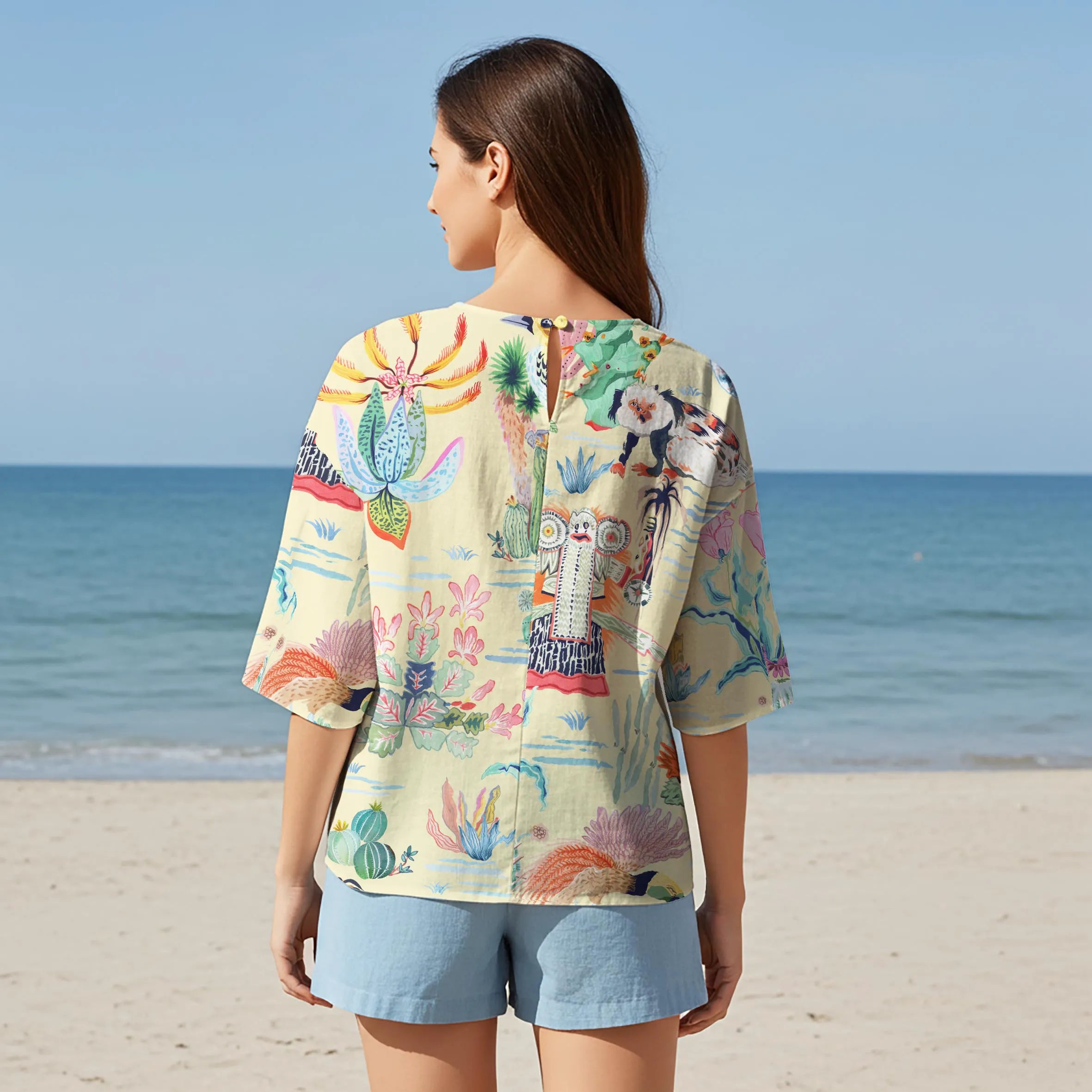 Women Casual Blouse Elbow Sleeve Round Neck Button-Back 95% Tencel, 5% Linen Green Aloha Tropical Fantasy Paradise